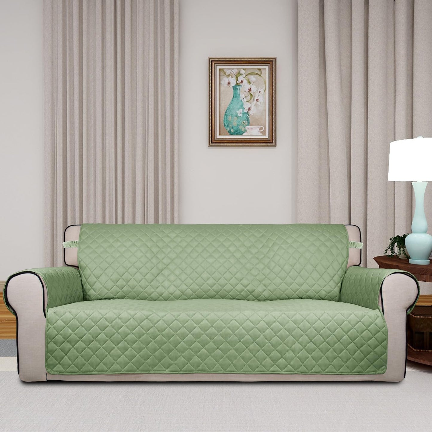 PureFit Reversible Quilted Sofa Cover, Water Resistant Slipcover Furniture Protector, Washable Couch Cover with Non Slip and Elastic Straps for Kids, Dogs, Pets (Sofa, Sage Green/Ivory)