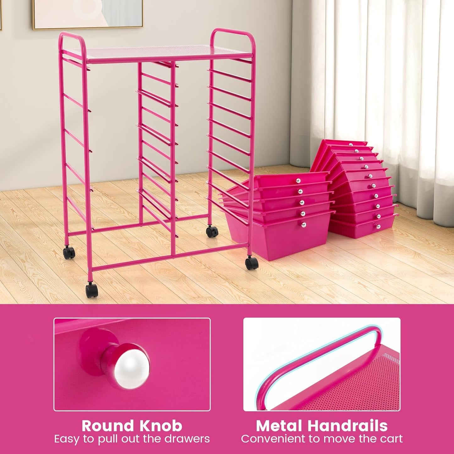 GOFLAME 15-Drawer Rolling Storage Cart, Multipurpose Movable Organizer Cart, Utility Cart for Home, Office, School, Hot Pink