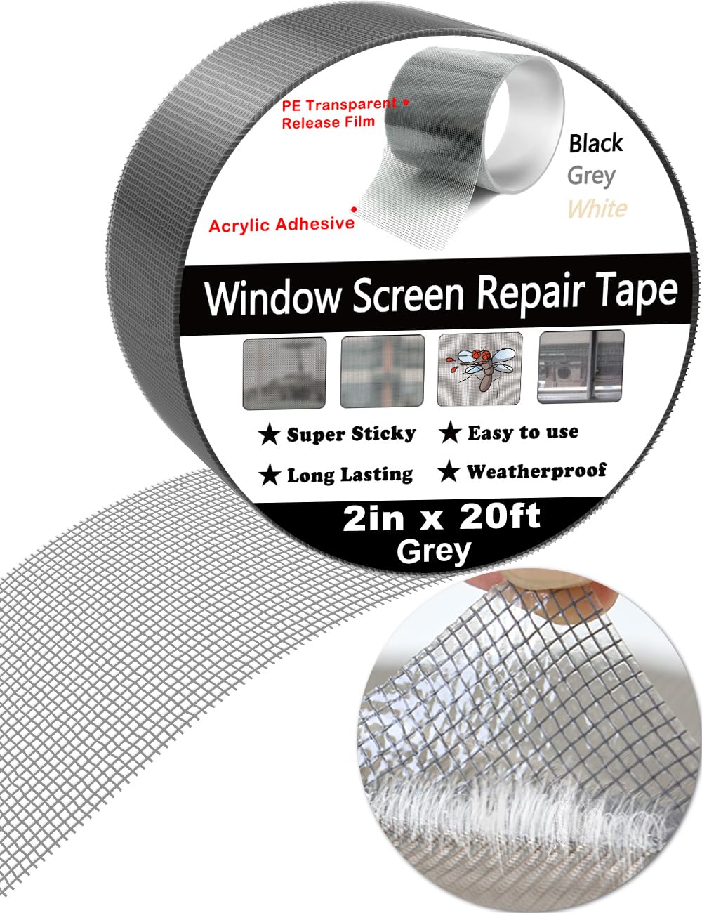 wohohoho Window Screen Repair Tape, 2 in X 20 FT (240IN) Grey Screen Patch Repair Kit, 3-Layer Strong Adhesive Invisible Screen Tape Mesh Repair for Windows, Doors Garage Mosquito Net Magnetic Screen