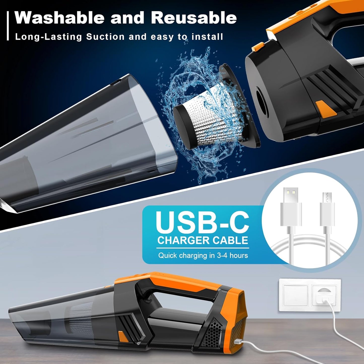 Handheld Vacuum Cordless Car Vacuum Portable with LED Light, High Power Suction, Lightweight Rechargeable Hand Vacuum, Hand Held Vacuum Cleaner for Car Home Office, Pet Hair, BlackOrange