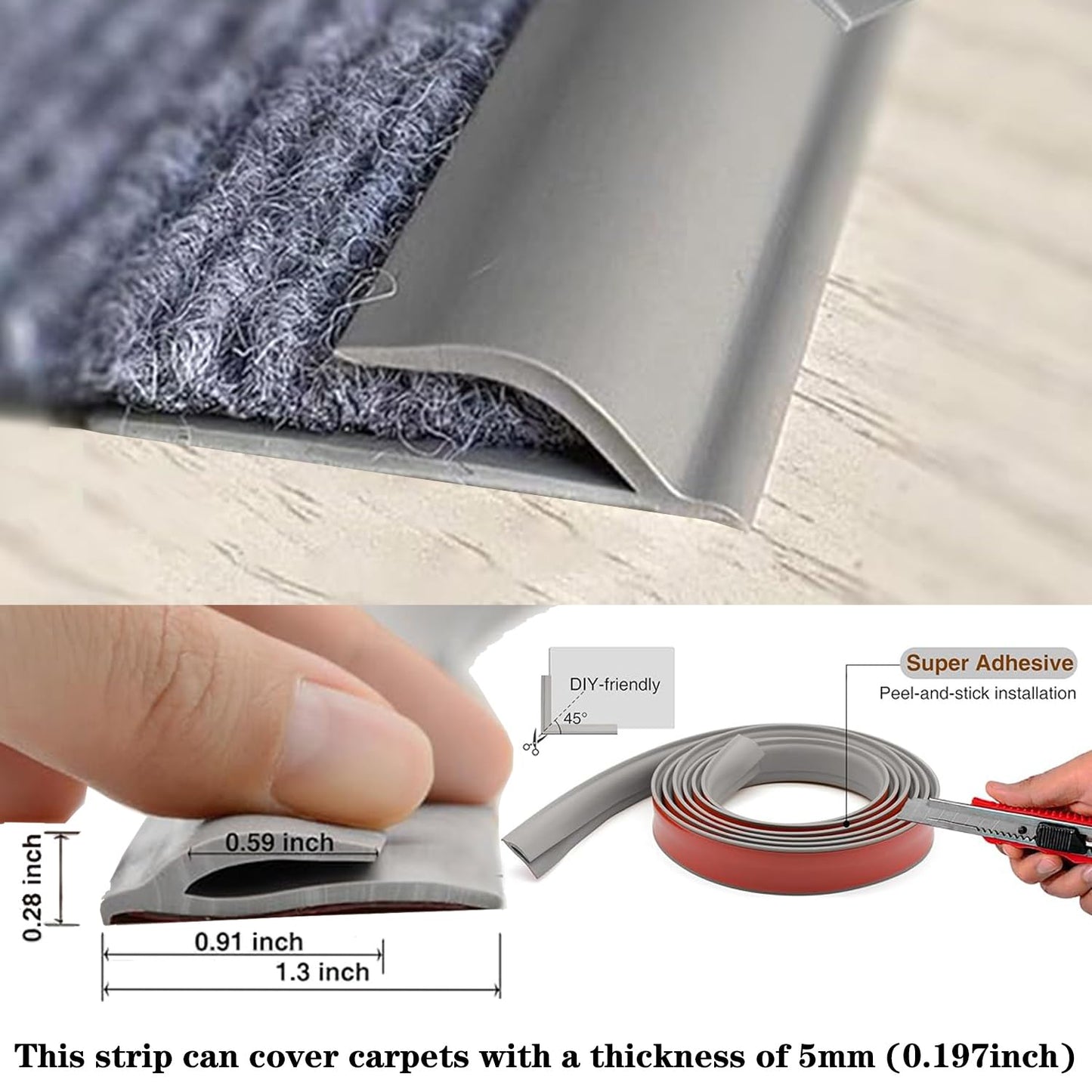 Self Adhesive Carpet Transition Strip with Edge Trim, Designed for Seamless Transitions from Carpet to Tile or Vinyl Floors, Perfect for Doorways.(Gray,10ft)