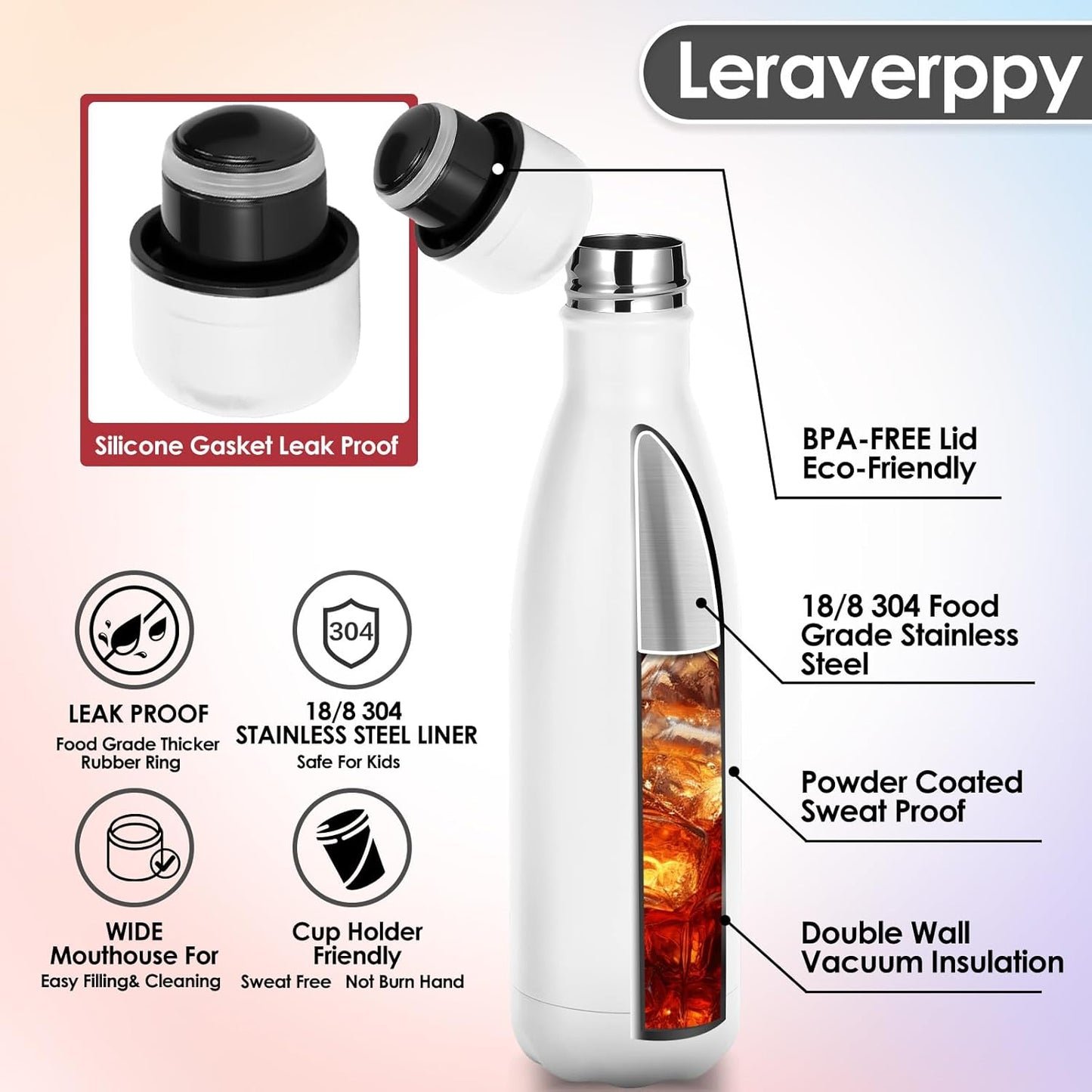 17oz Cola-Bottle Shaped Stainless Steel Leak-proof Water Bottle,Double Wall Vacuum Insulated Metal,Travel Mug For Sports Indoors & Outdoors,BPA-Free School Kids Flasks,White(12Pack)