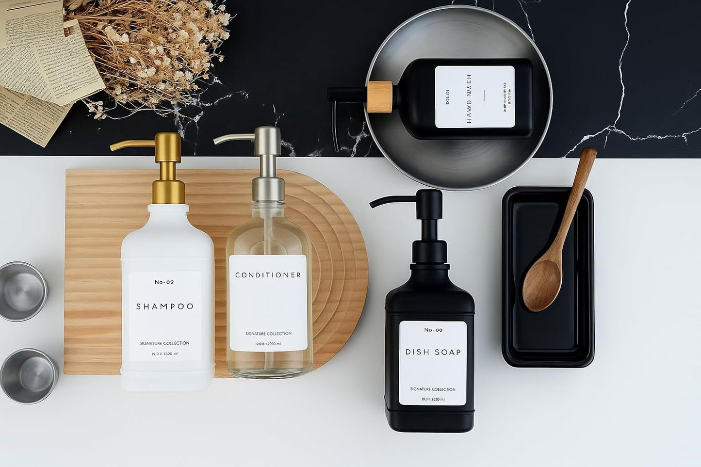 Emerson Essentials Soap Dispenser, Dish Soap Dispenser, Soap Bottle Set, Hand Soap Dispenser, Kitchen Soap Dispenser Set, Glass Soap Dispenser with Pump and Labels, 16 Oz, 2 Pack, Farmhouse