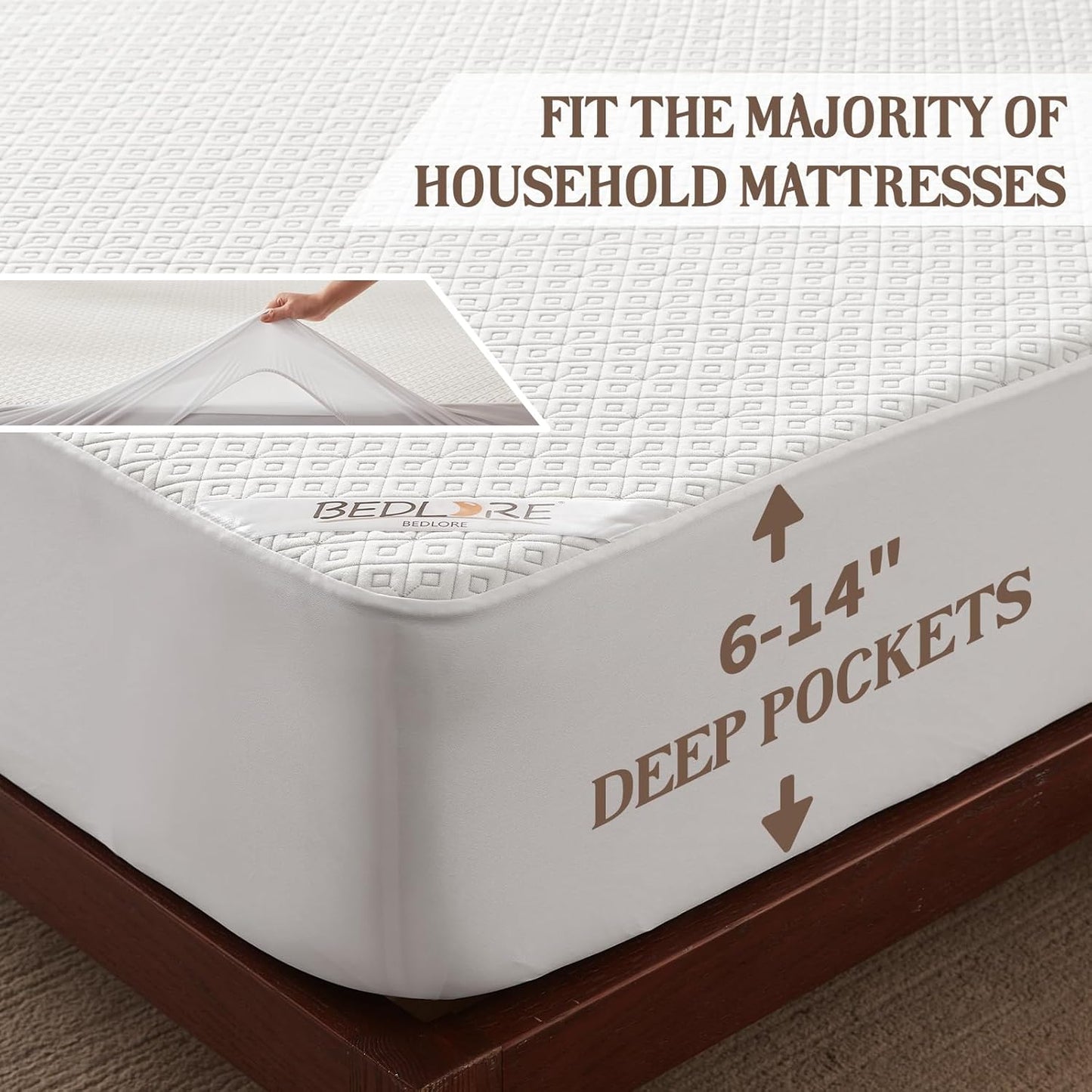 BEDLORE Waterproof Twin XL Mattress Protector, Noiseless Mattress Cover with Stretchable Pockets for 6-15 inches Mattress, Soft Breathable Mattress Pad College Dorm Size for Back to School (White)