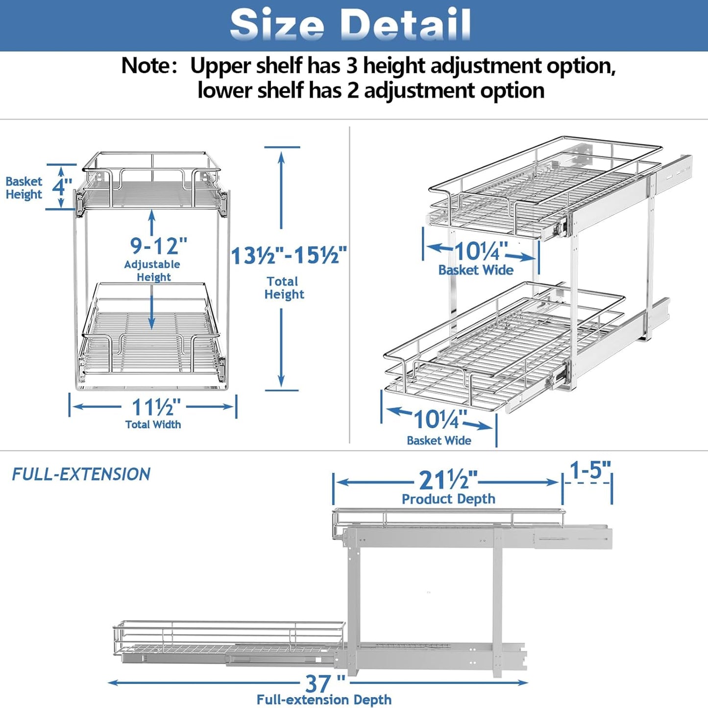 2 Tier Individual Pull Out Cabinet Organizer 11½" W x 21½" D, Heavy Duty Cabinet Pull Out Shelves, Slide Out Drawers Organization for Kitchen Cabinets Bathroom