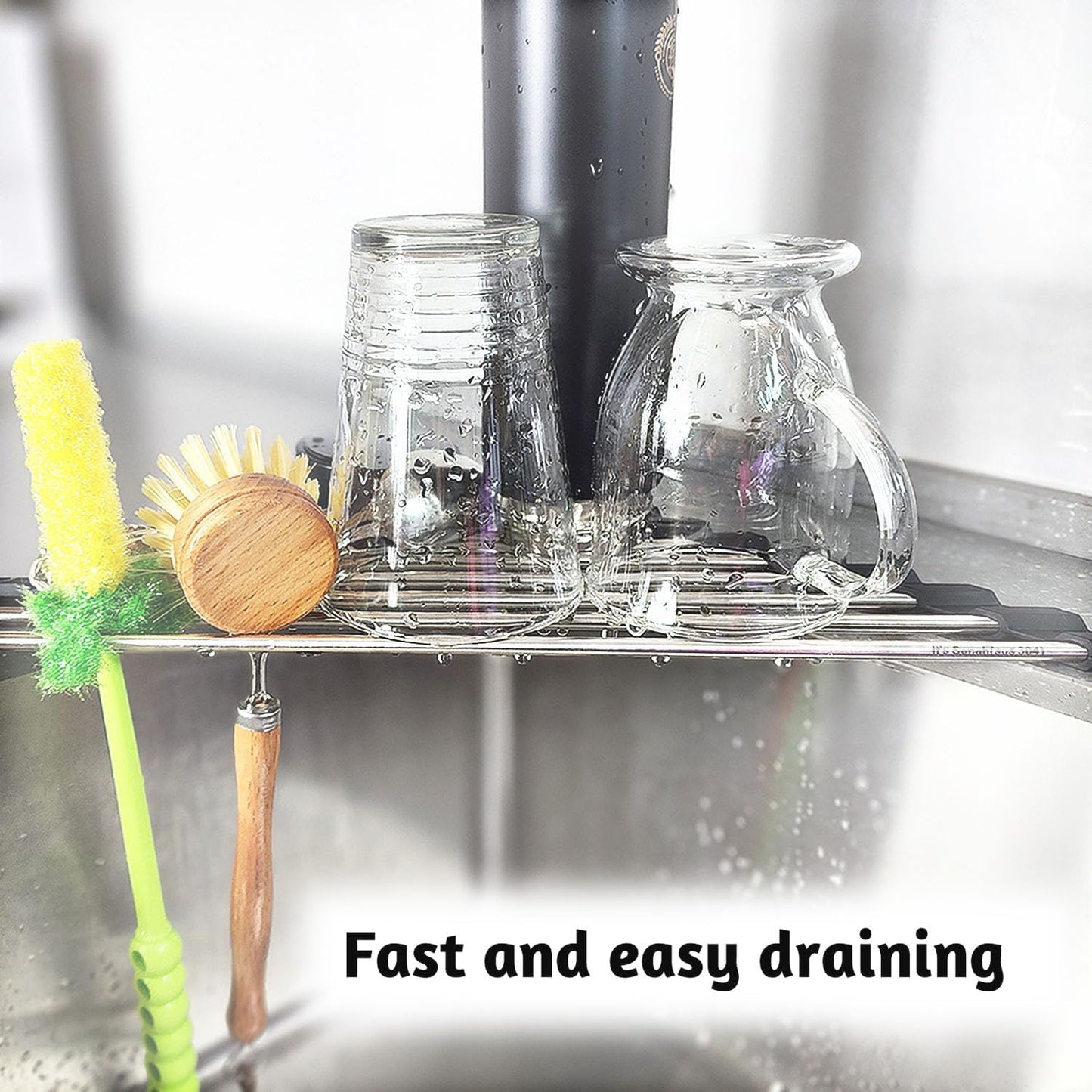 Roll Up Sponge Holder for Counter, Sink Organizer for Kitchen, Bathroom, Laundry Room, 304-Stainless Steel Sink Organizer for Sponge, Brush, Scrubber, Soap Dispenser Holder, Dish Drying Rack (Gray)
