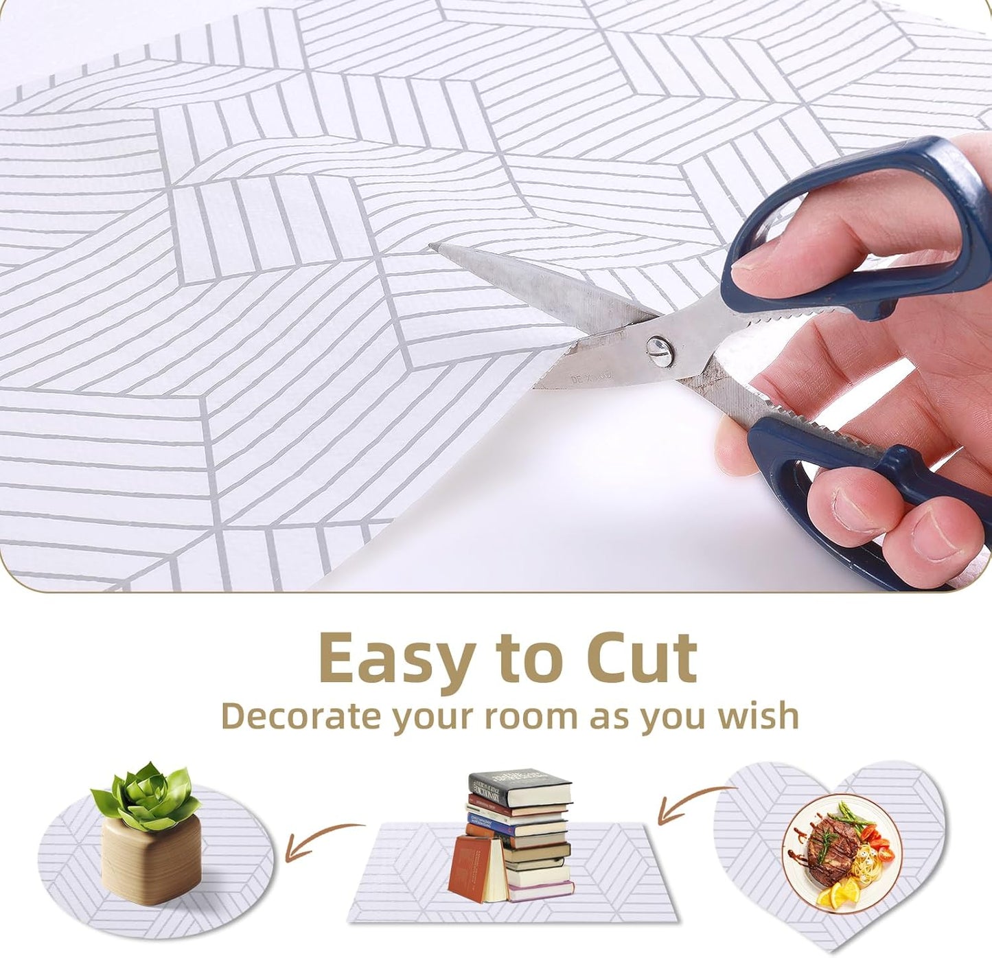 Shelf Liners for Kitchen Cabinets Non Adhesive Shelf Liner Paper Non-Slip Thickened Drawer Liner Easy to Clean for Tool Box Refrigerator with Knife and Tape Measure, Silver Geometric, 23.6 x 354.3 in