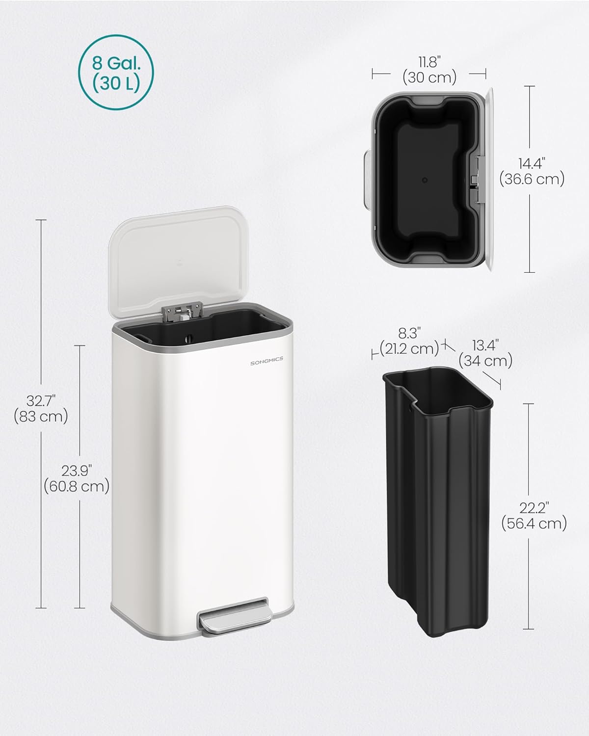 SONGMICS Kitchen Trash Can, 8-Gallon (30 L) Garbage Can with Lid, Stainless Steel, Soft Close and Stays Open, Inner Bucket, Wide Non-Slip Pedal, Cloud White ULTB546W01