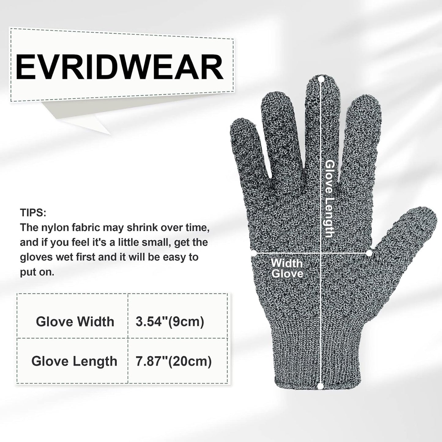 Evridwear Exfoliating Dual Texture Bath Gloves for Shower, Spa, Massage and Body Scrubs, Dead Skin Cell Remover, Gloves with Hanging Loop (1 Pair Gray Heavy Glove)