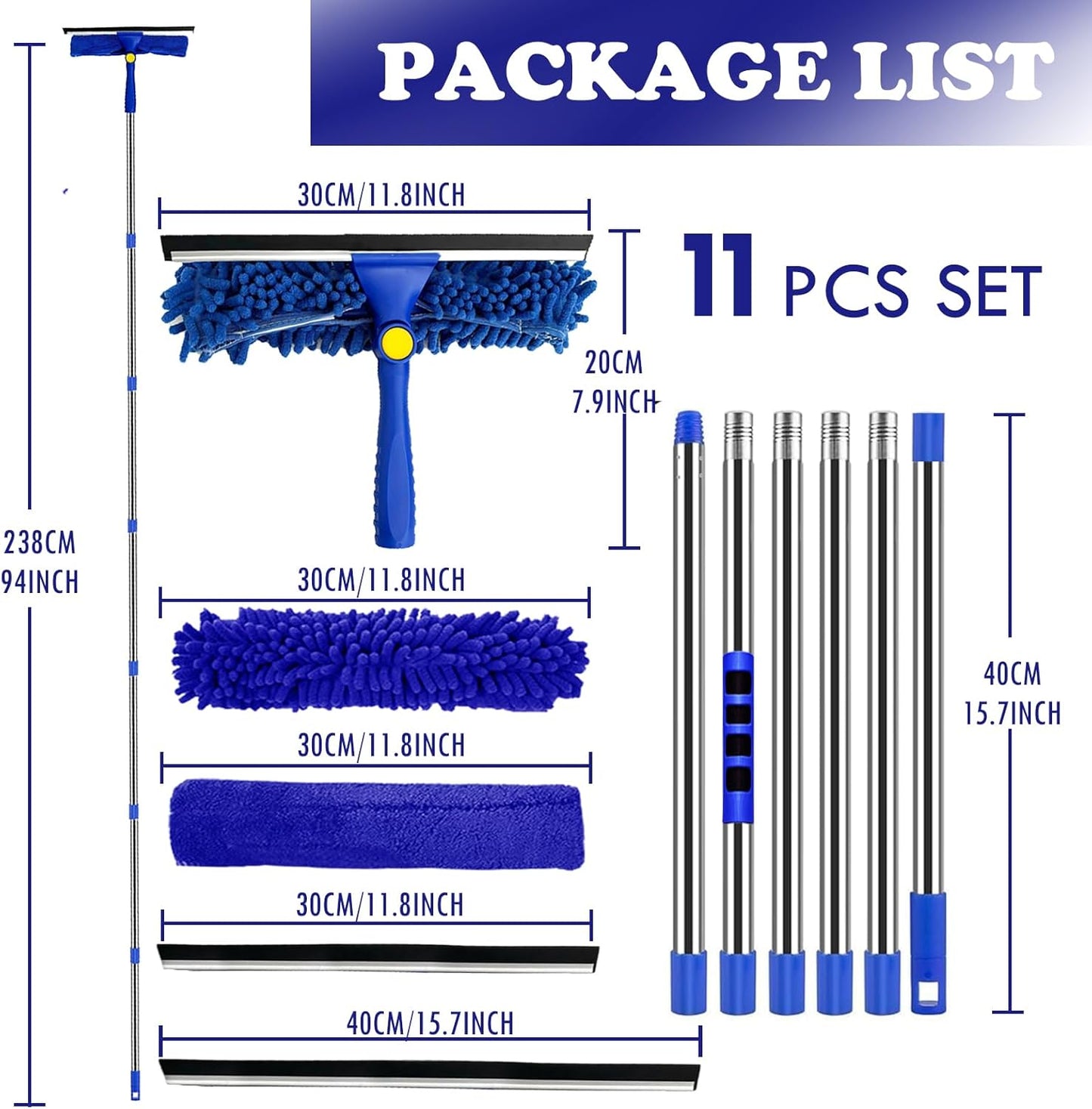 Window Squeegee Cleaner Tool Set,3-in-1 Window Cleaning Kit with 94" Long Extension Pole,Rotatable Bendable Window Washing Kit with 2 Blade 2 Scrubber for Home Car Glass Window Cleaning (11Pcs,Blue)