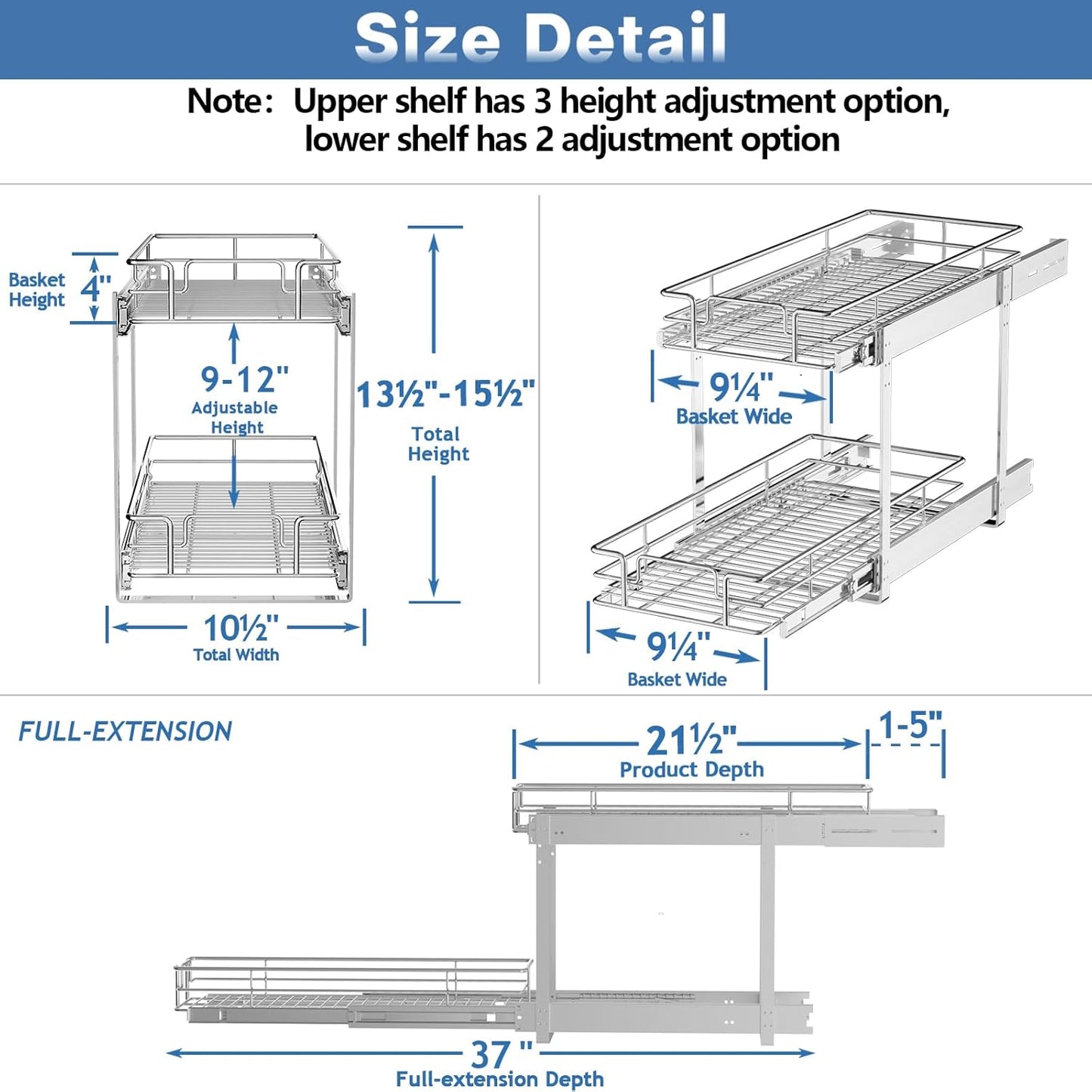 2 Tier Individual Pull Out Cabinet Organizer 10½" W x 21½" D, Heavy Duty Cabinet Pull Out Shelves, Slide Out Drawers Organization for Kitchen Cabinets Bathroom