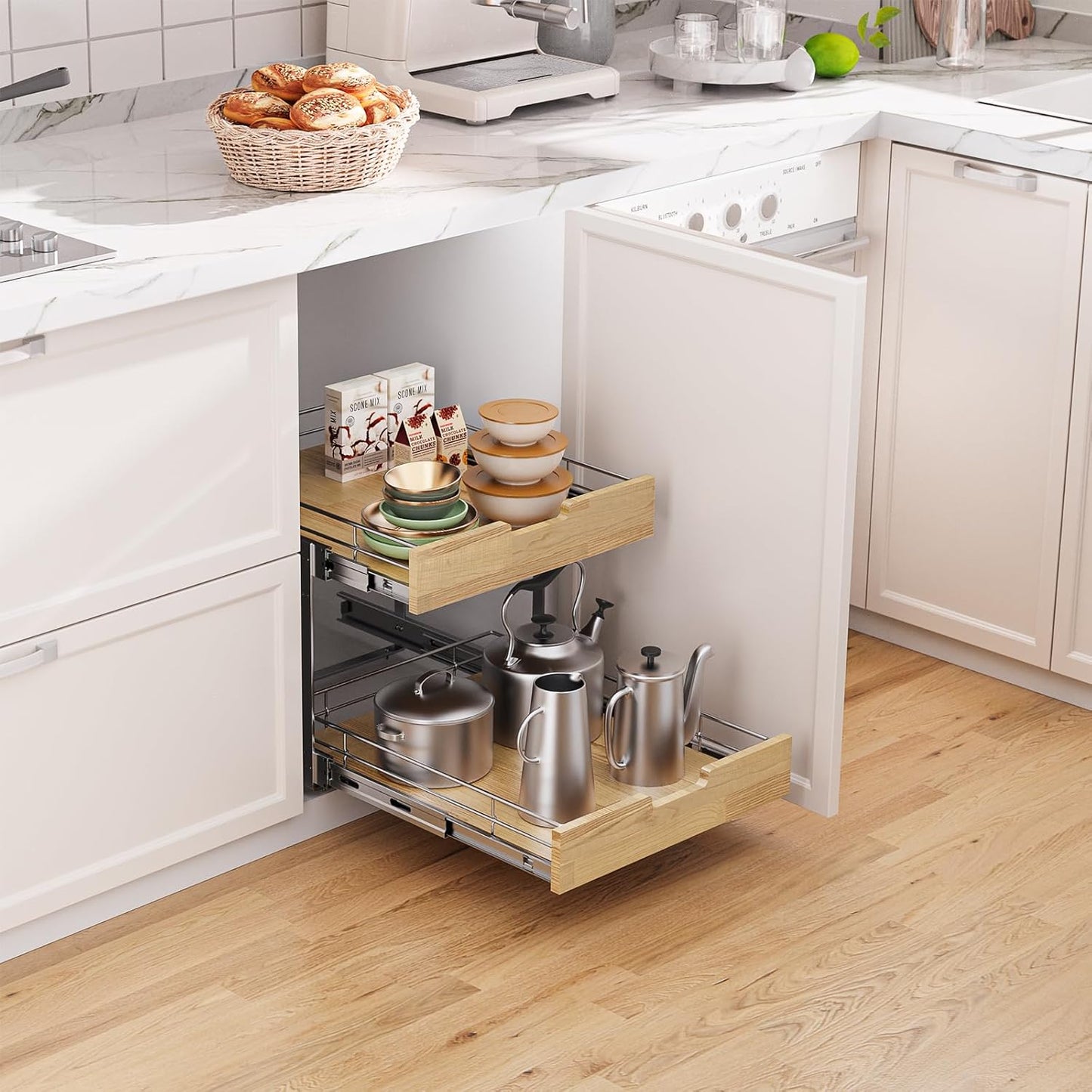 Pull Out Cabinet Organizer,Heavy-Duty Slide Out Shelf, Wood and Wire Basket, Pull Out Drawer for for Kitchen Under Sink Space, Pantry, Bathroom, 2 Tie 17 * 21 in