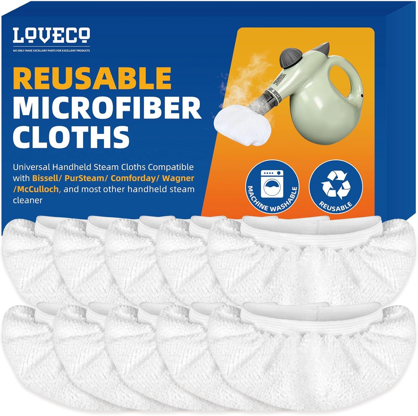 LOVECO 10 Pack Universal Microfiber Cloths for Handheld Steam Cleaner - Compatible with Bissell Steam Shot, Comforday, PurSteam, etc - Reusable Washable Microfiber Rags