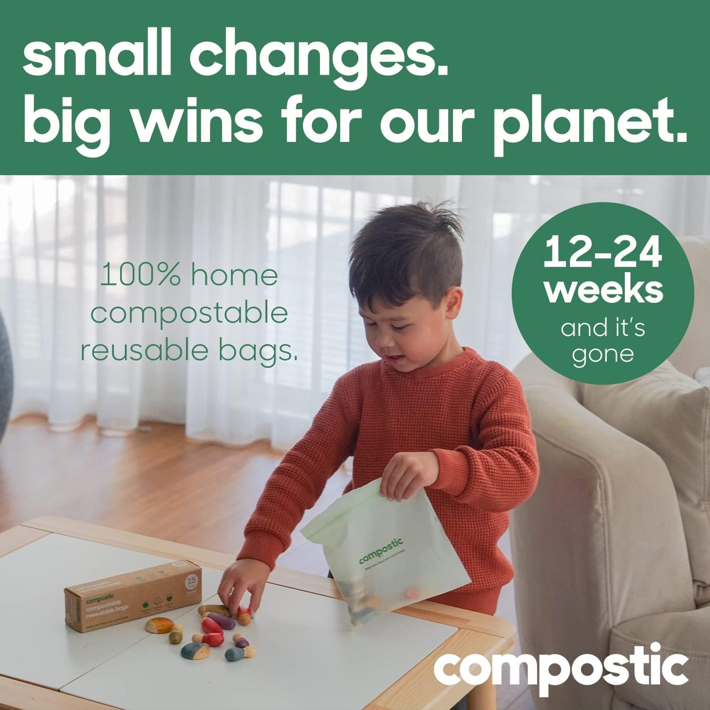 Compostic Home Compostable Resealable Sandwich Bags (7"x7"), Microwave & Freezer Safe, Organic Food Storage Container, 30 Count (Pack of 2)