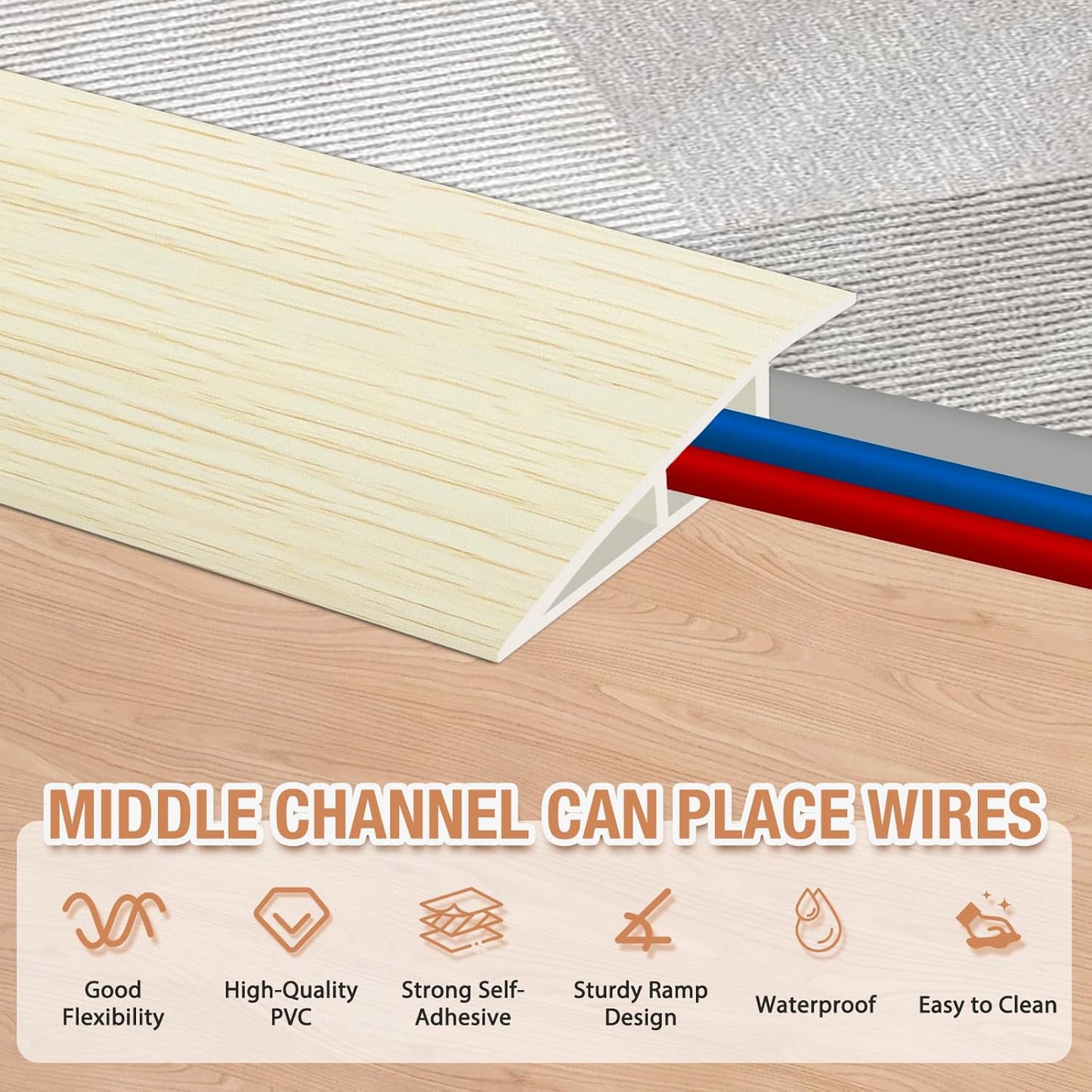 Floor Transition Strip Self Adhesive Vinyl Door Threshold for Doorways Carpet Edging Trim Overlap Edge Reducer for Laminate Floor, Carpet, Tile (Beige Wood Grain, 2/5" to 3/5", 6.6Ft)