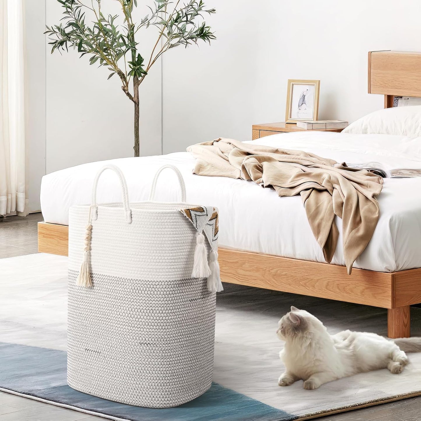 Woven Laundry Basket for Clothes, 50 L Large Rectangle Laundry Hampers with Beads Tassel, Nursery Storage Basket for Toys, Tall Dirty Clothes Hamper for Bedroom Aesthetic, Laundry Room Organization