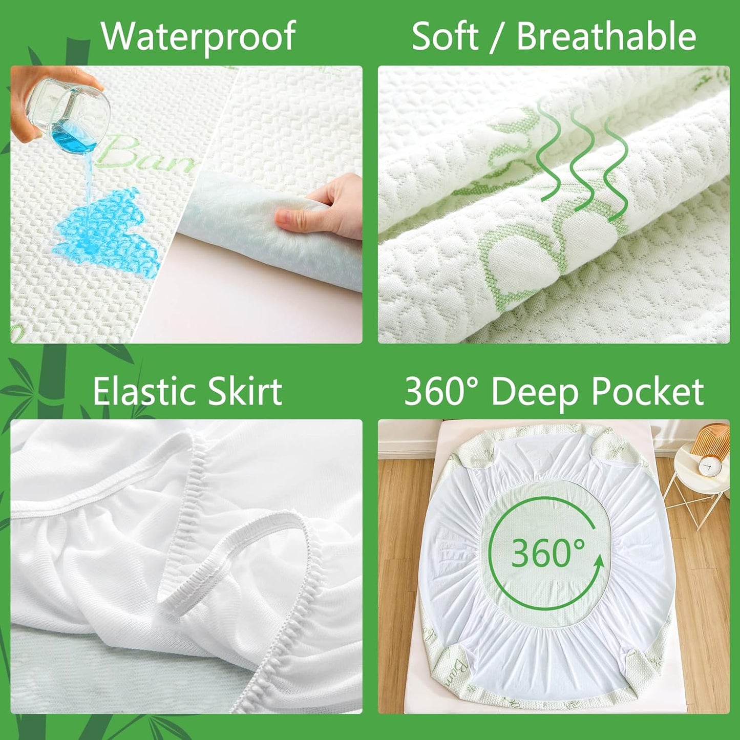 GOONIK Queen Mattress Protector, Breathable Bamboo Viscose Waterproof Queen Size Mattress Pad Cover with 6-18 inches Deep Pocket