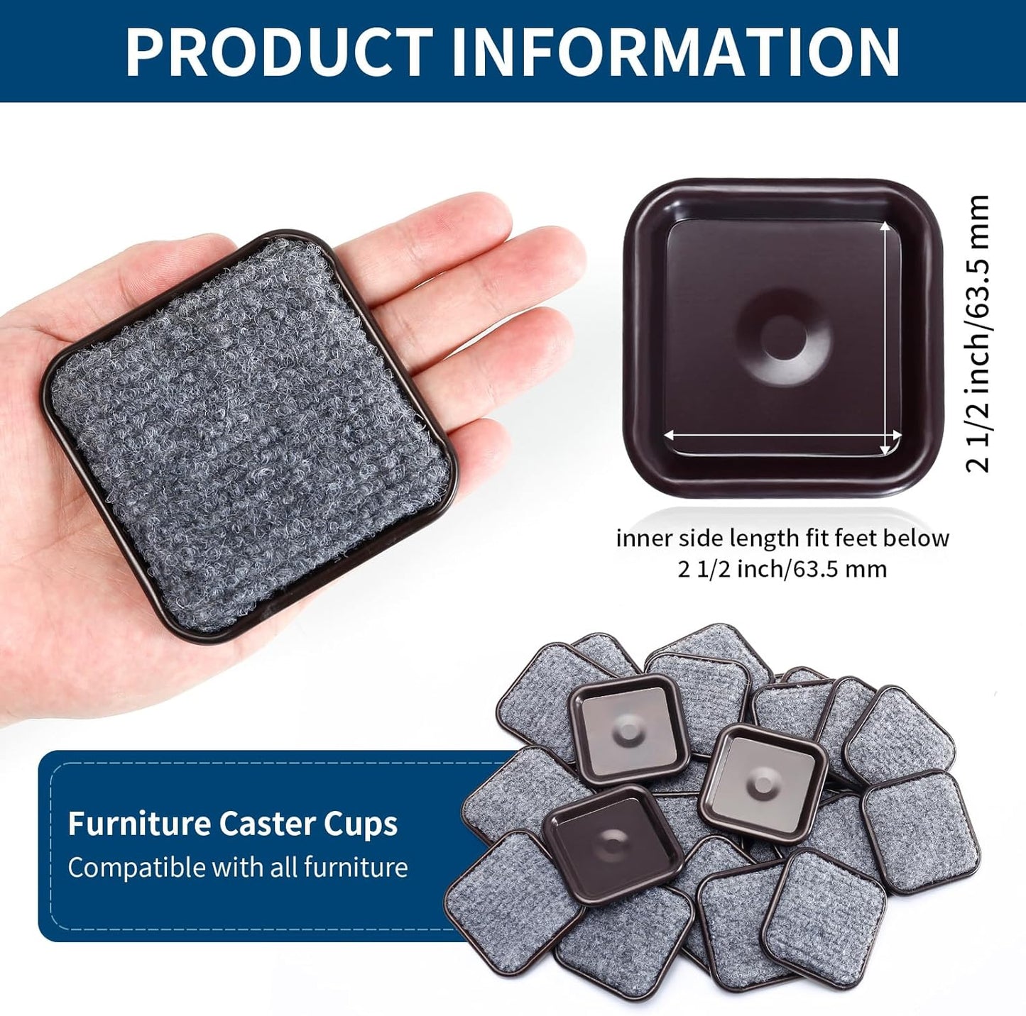 Ezprotekt 2 1/2" Square Reusable Felt Furniture Caster Cups with Carpet Bottom, 16 Pcs Felt Furniture Sliders Floor Protectors Pads to Protect Hardwood, Tile or Floors from Scratches (Brown/Gray)