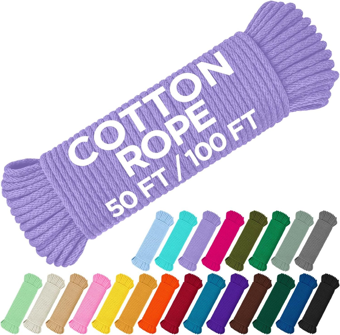 TECEUM Cotton Rope 3/16” (5 mm) – 100 FT – Strong All-Purpose Braided Rope – Natural Cotton – for Crafting, Сamping, Clothes Line, DIY, Indoor & Outdoor Use – Lavander