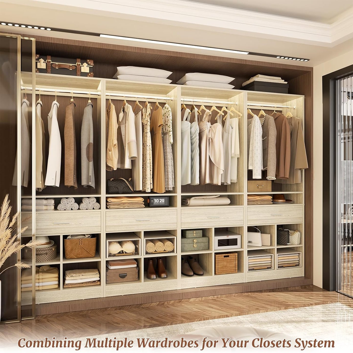 Unikito Freestanding Closet System with Wood Drawer and 4 Cubby Storage, Closet Organizer with Hanging Rods & Shelves, 25‘’W X 80'' H Clothes Garment Rack, Walk in Closet Tower Wardrobe, White Oak