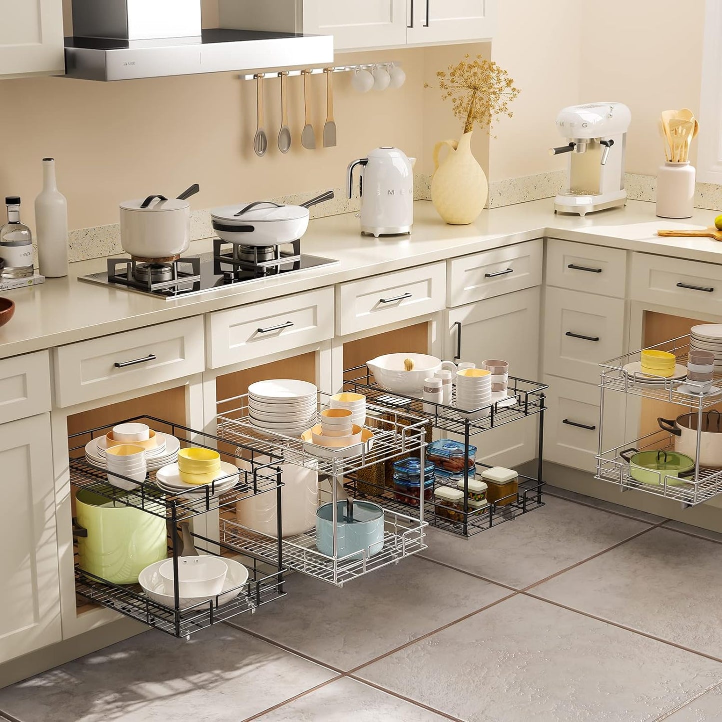 ROOMTEC Pull Out Cabinet Organizer, Kitchen Cabinet Organizer and Storage 2-Tier Cabinet Pull Out Shelves for Kitchen,Under Sink Organizers and Storage 17" W x 21" D Chrome