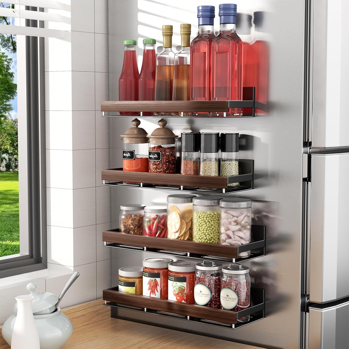 Walnut Magnetic Spice organizer for Refrigerator Wall Mount Spice Rack Magnetic Fridge Shelf Spice Jar Seasoning Organizer (4 PSC)