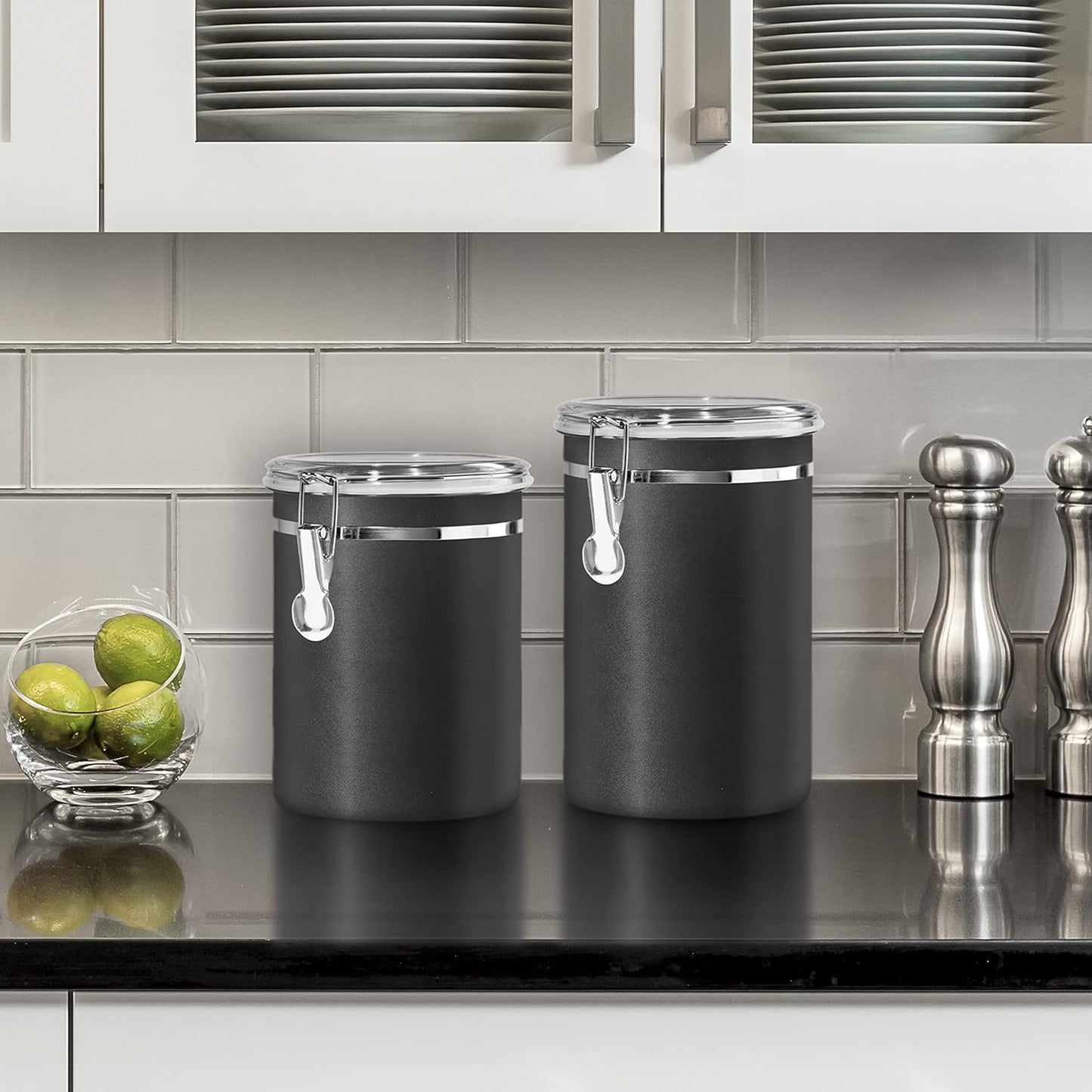 Oggi Stainless Steel Kitchen Canister 47 fl oz, Black - Airtight Clamp Lid, Clear See-Thru Top - Ideal for Kitchen Storage, Food Storage, Pantry Storage. Large Size 5" x 6".
