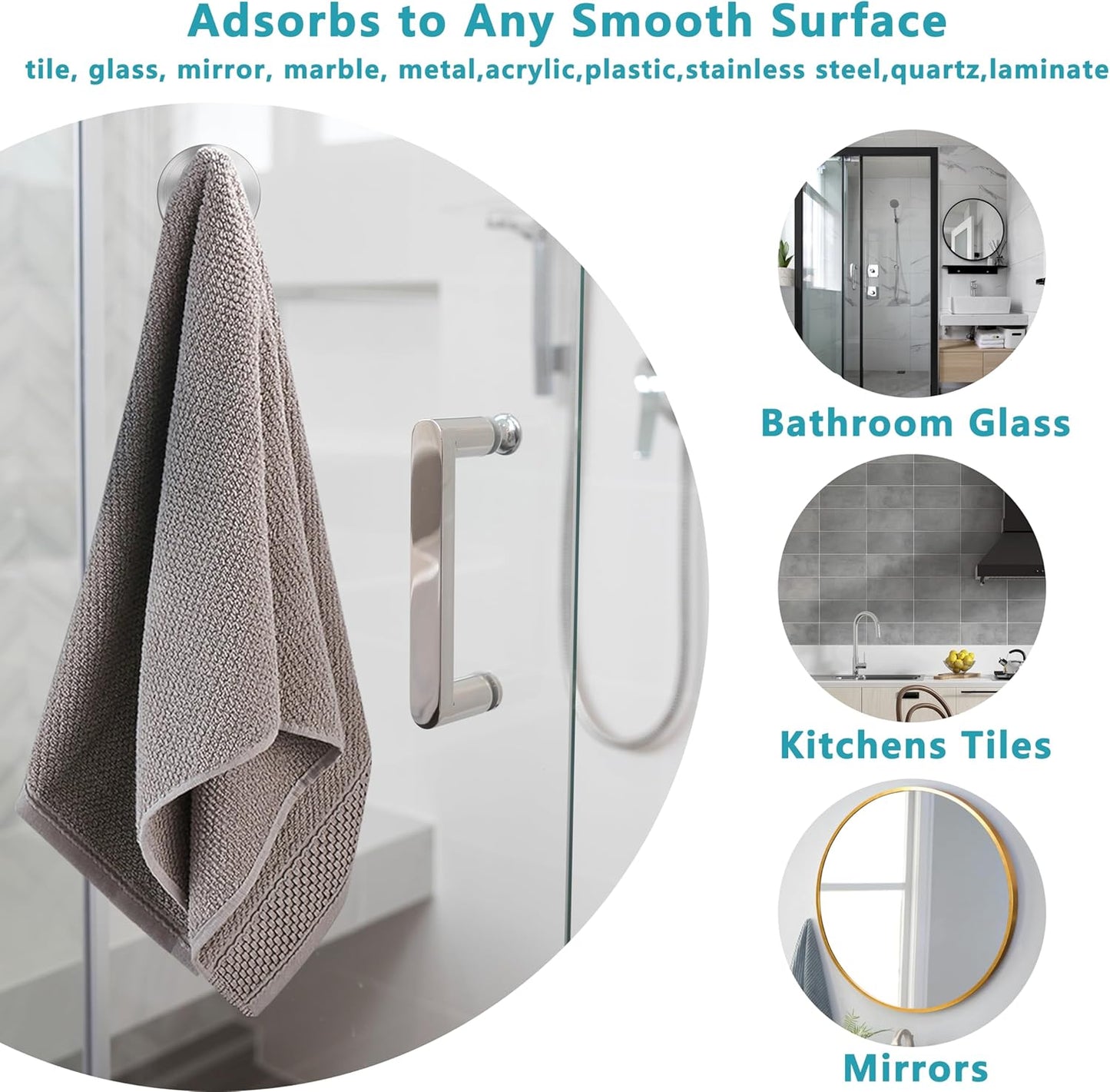 Suction Cup Hooks for Shower,Removable No Drill Towel Hooks,Upgraded 15 lbs Strong Suction hooks for Bathroom Tile,Shower Wall,Glass Door,Kitchen-Loofah,Coat,Stainless Waterproof-Silver 4 Pcs