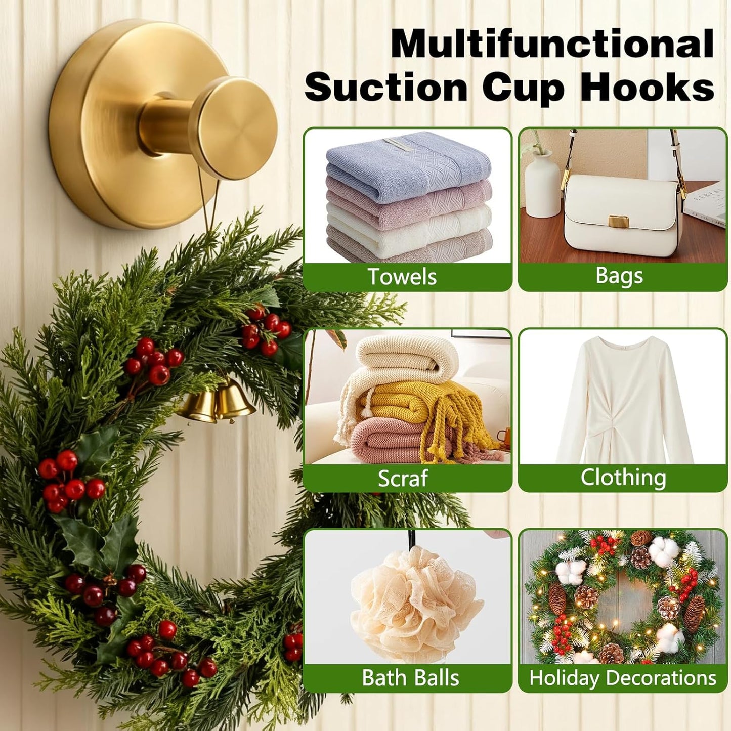 Suction Cup Hooks for Wreaths on Glass, No-Drill Suction Cup Hooks, Wreath Hangers for Front Doors, Metal Towel Hooks for Showers Bathrooms Mirrors (2Pcs Silver)