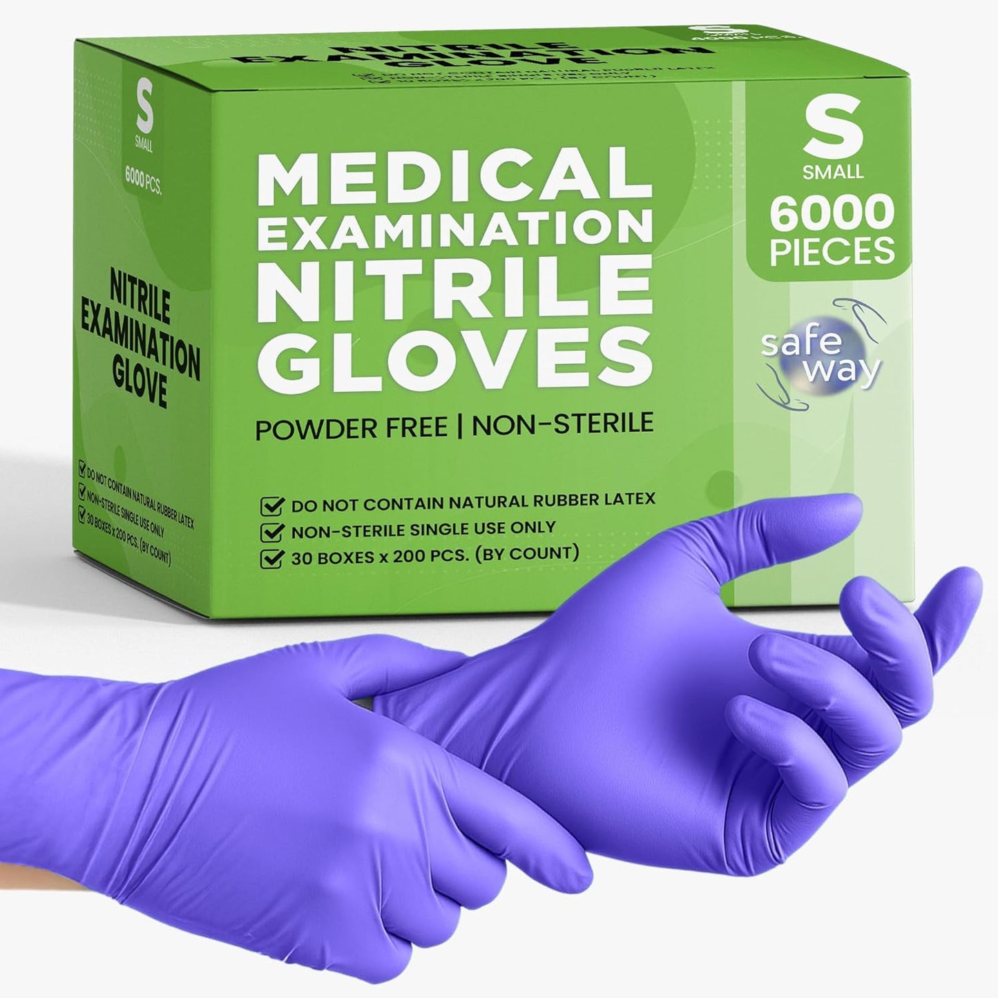 SafeWay Nitrile Disposable Gloves — Multi-Purpose Powder-Free, Non-Latex, Medical Use, and Textured Fingertips for Food Prep, Cleaning, Tattoo, Nursing, Lab, Examination, & More — (6000 pcs, Small)
