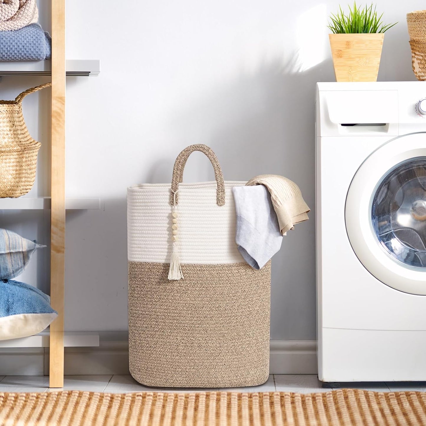 Woven Laundry Basket for Clothes, 50L Large Rectangle Laundry Hampers with Beads Tassel, Nursery Storage Basket for Toys, Tall Dirty Clothes Hamper for Bedroom Aesthetic, Laundry Room Organization