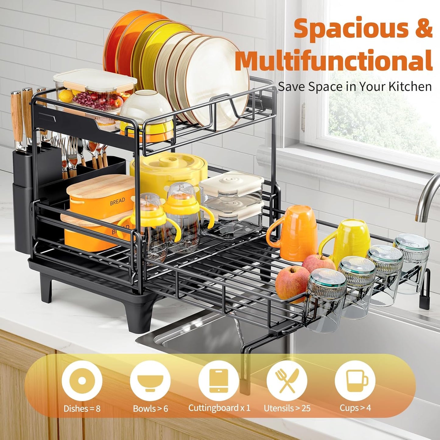 Dish Drying Rack - Extendable Dish Drainer, Large Dish Rack for Kitchen Counter, Rustproof Dish Strainer with Utensil Holder and Cups Holder, 2 Tier Black