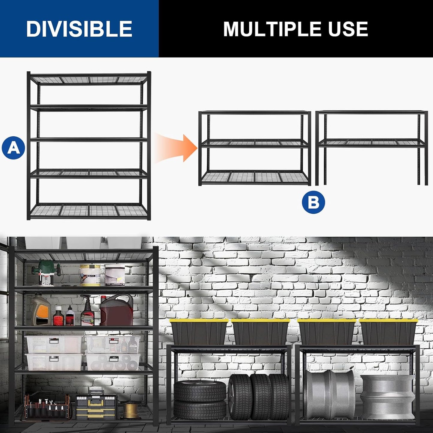 BILT HARD 60" W x 24" D Garage Shelving 3500 LBS, 72" H Storage Shelves, Heavy Duty 5-Tier Metal Shelving Units with Adjustable Shelf, Steel Wire Utility Storage Shelves