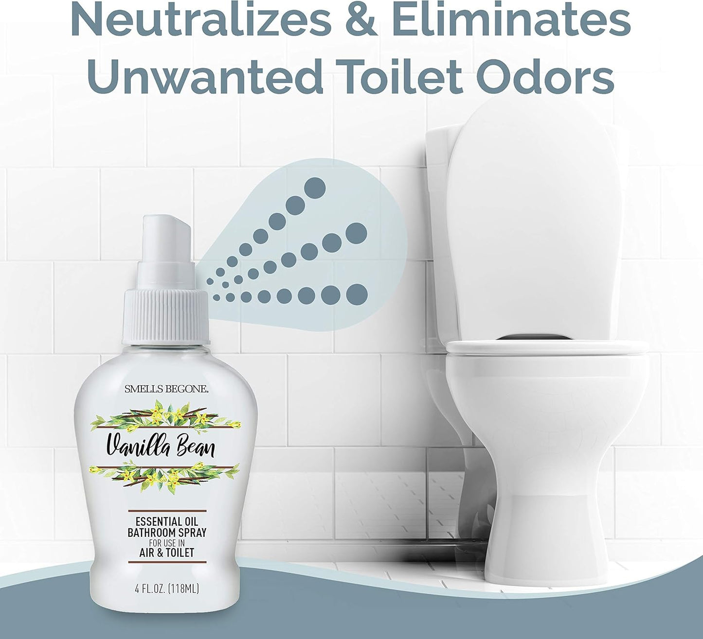 SMELLS BEGONE 4 oz Essential Oil Air Freshener Bathroom Spray - Eliminates Bathroom & Toilet Odors - Made with Essential Oils - Vanilla Bean Scent
