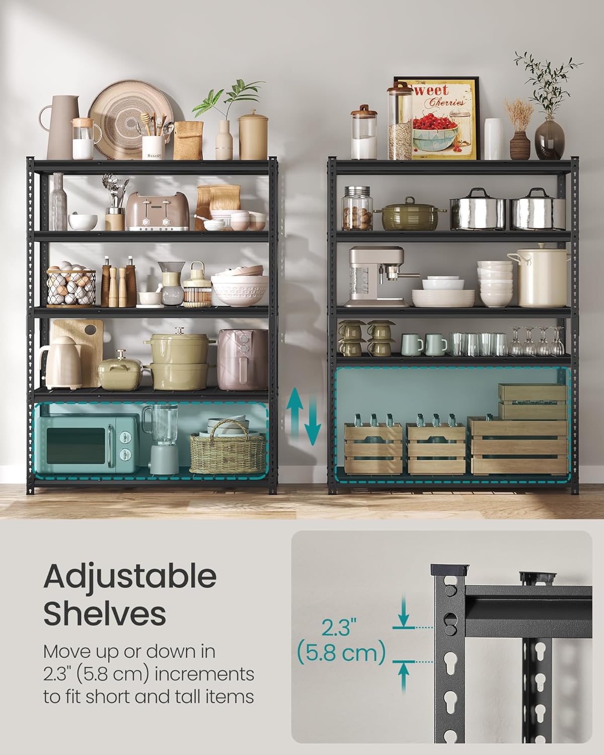 SONGMICS 5-Tier Storage Shelves, Heavy-Duty Garage Shelving, Adjustable Shelving Unit, Steel Shelf, Boltless Assembly, for Garage, 2,200 lb Load, 24 x 144 x 72 Inches, Ink Black UGLR454B03