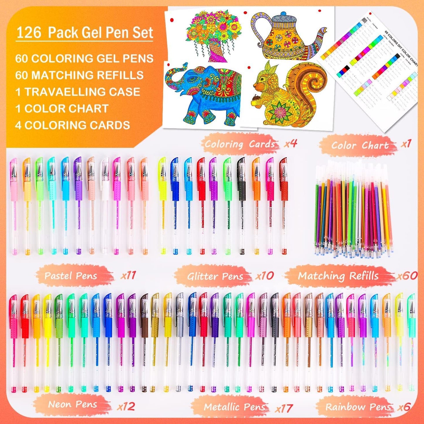 Soucolor Teen Girl Boys Gifts Trendy Stuff, Aesthetic Cute Preppy Stuff School Supplies, Deluxe 120 Pack Colored Gel Pens for Kids Adult Coloring Books, 60 Gel Pens, 60 Refills and Travel Case