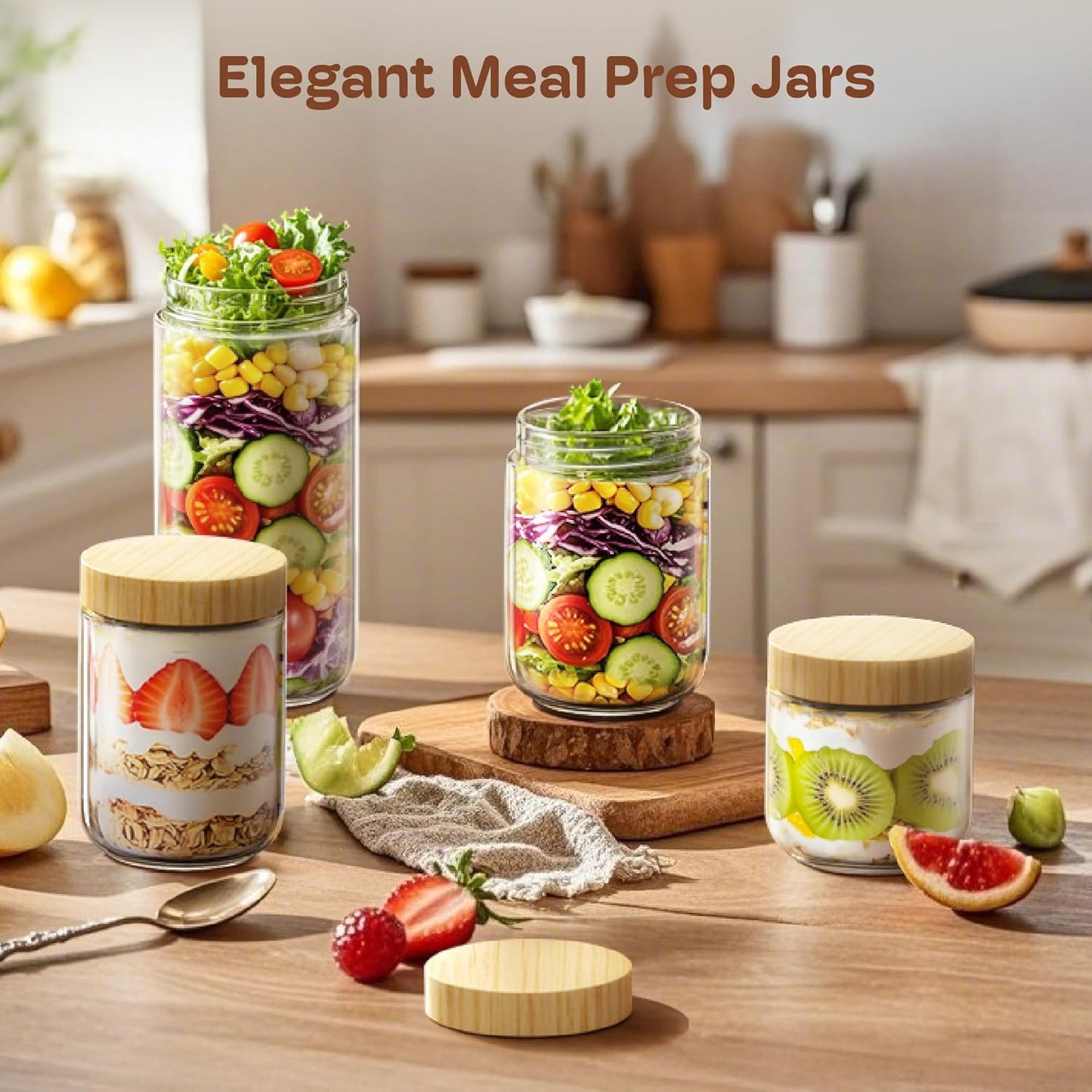 4 pack 24oz Overnight Oats Containers with Bamboo Lids, Glass Jars with Airtight Lids for Meal Prep, Wide Mouth Mason Salad Jars, Glass Food Storage Container for Yogurt Chia Snacks Spice Sugar