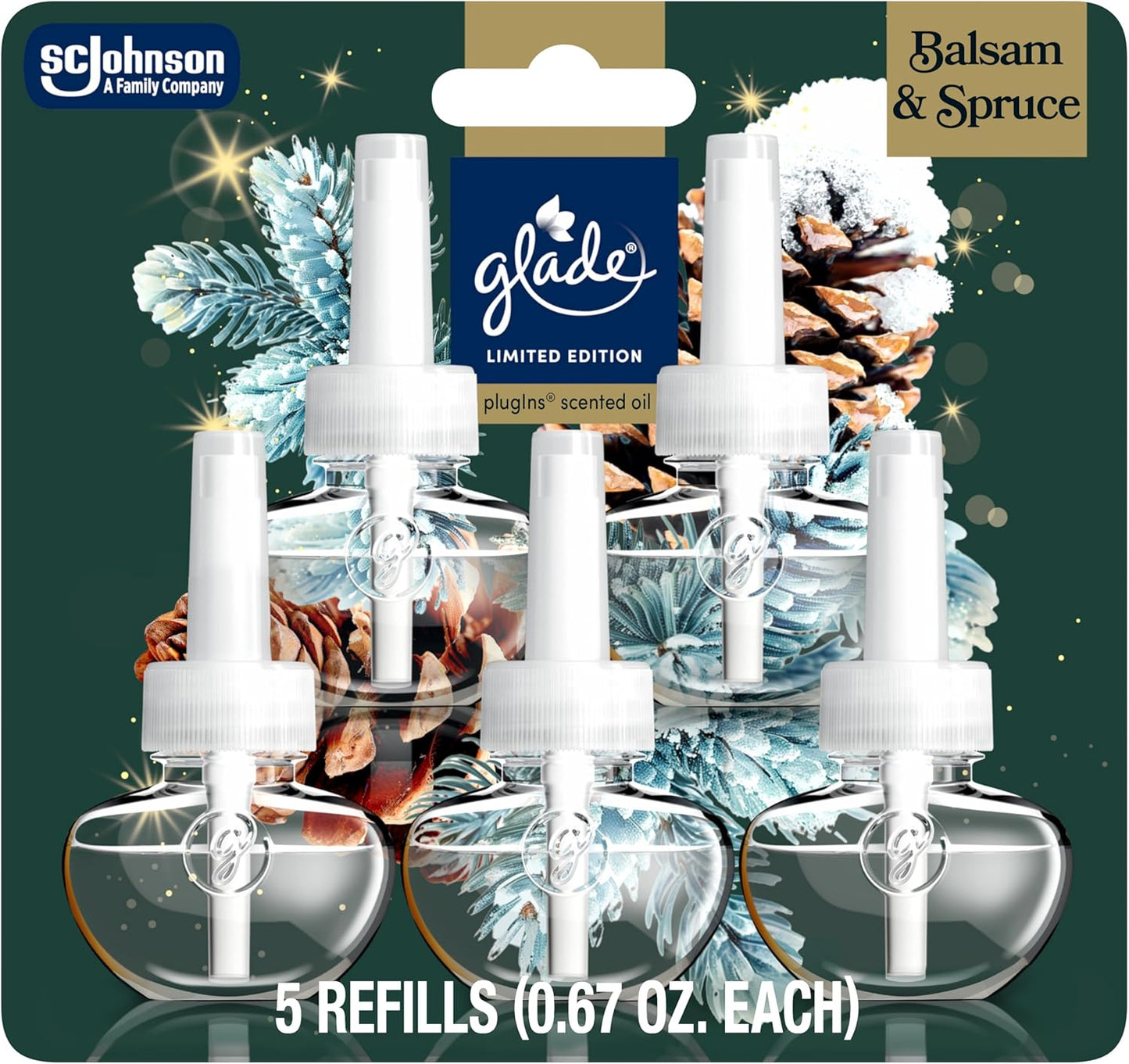 Glade PlugIns Refills Air Freshener, Balsam & Spruce, Scented and Essential Oils for Home and Bathroom, 0.67 Fl Oz, 5 Count