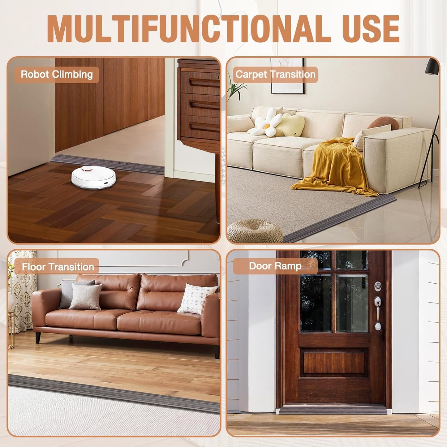 Floor Transition Strip Self Adhesive Vinyl Door Threshold for Doorways Carpet Edging Trim Overlap Edge Reducer for Laminate Floor, Carpet, Tile (Grayish Brown Wood Grain, 1/5" to 2/5", 6.6Ft)