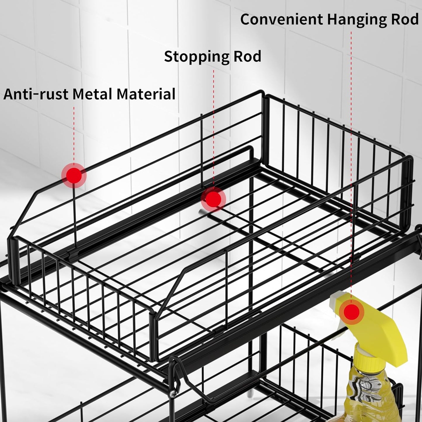 SUEH DESIGN Under Sink Organizers and Storage, 2 Tier Metal Under Sink Storage with Hanging Rail for Kitchen Bathroom Cabinet Organizer, 2 Pack