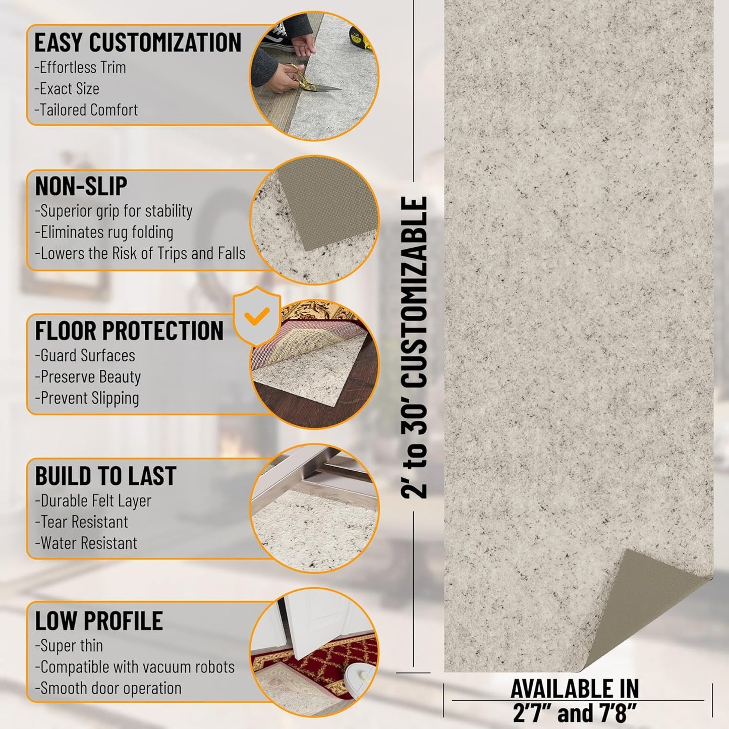 Ottomanson 2' x 7'8" Non-Slip Rug Pad Gripper 1/12 Inch Ultra Thin Dual Surface Felt + Rubber Gripper - Safe for All Floors, Cream