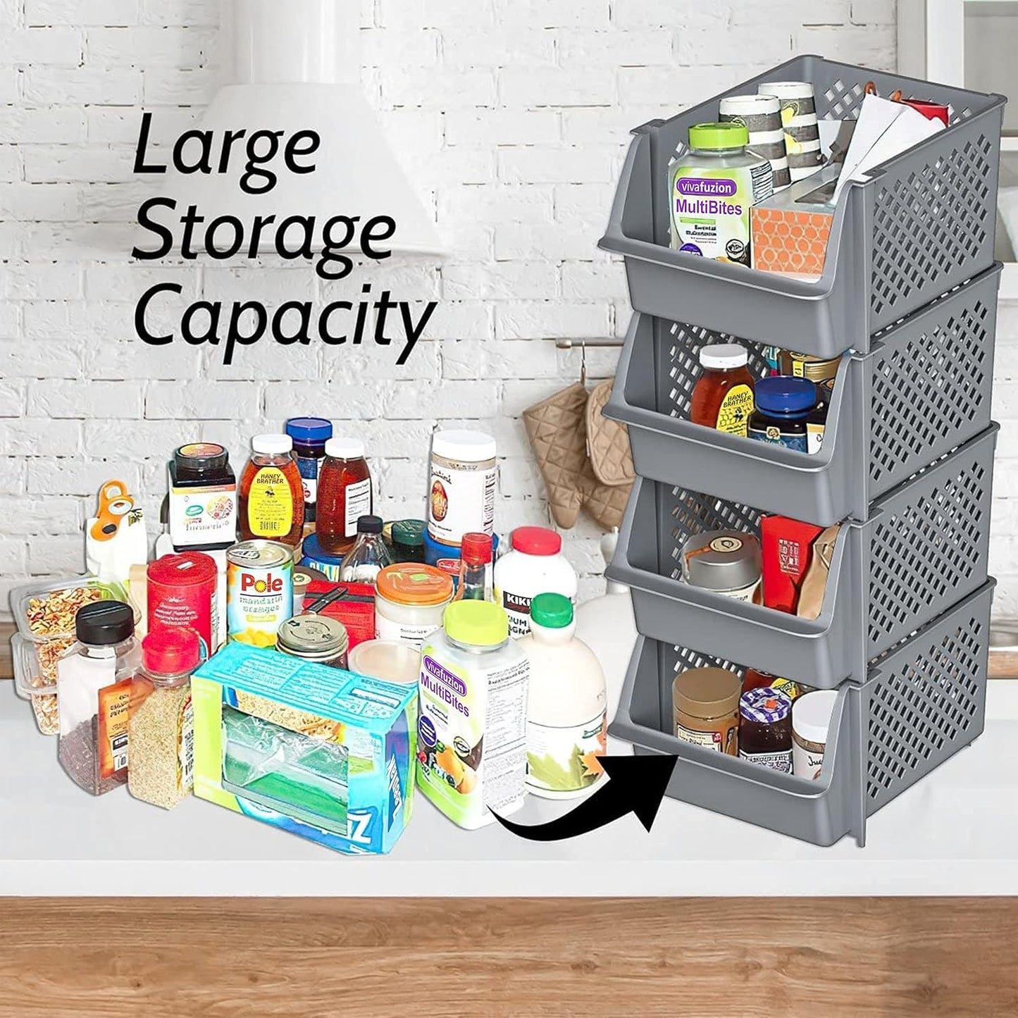 Skywin Plastic Stackable Storage Bins for Pantry, 12 Pack Stackable Bins For Organizing Food, Kitchen, and Bathroom Essentials (Grey)
