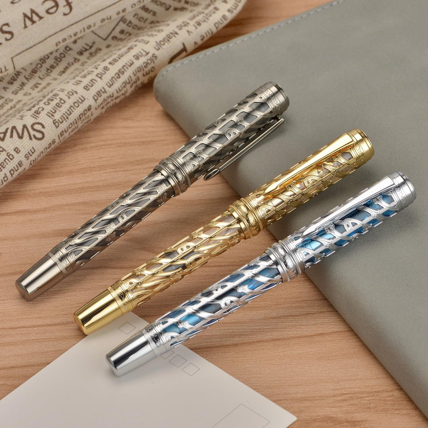 Hongdian A6 Piston Fountain Pen Extra Fine Soft Nib, Silver Blue Hollow Skeleton & Resin Pen with Metal Case Set