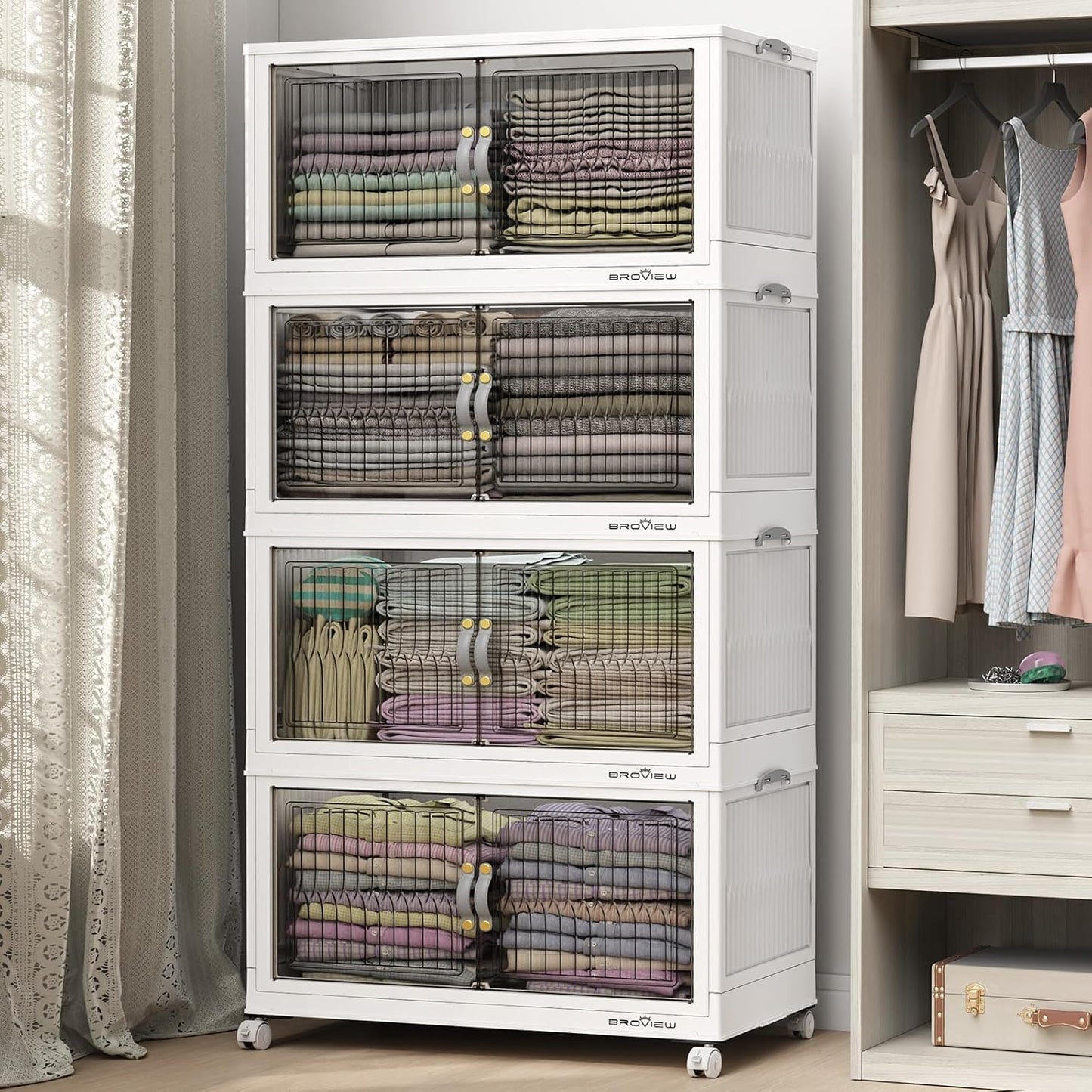 BROVIEW 480Qt Stackable Storage Bins with Lid, Extra Large Closet Organizer Collapsible Drawer Boxes with Wheels, Folding Plastic Cabinet Containers for Home Kitchen Room Organization, 4Pack White