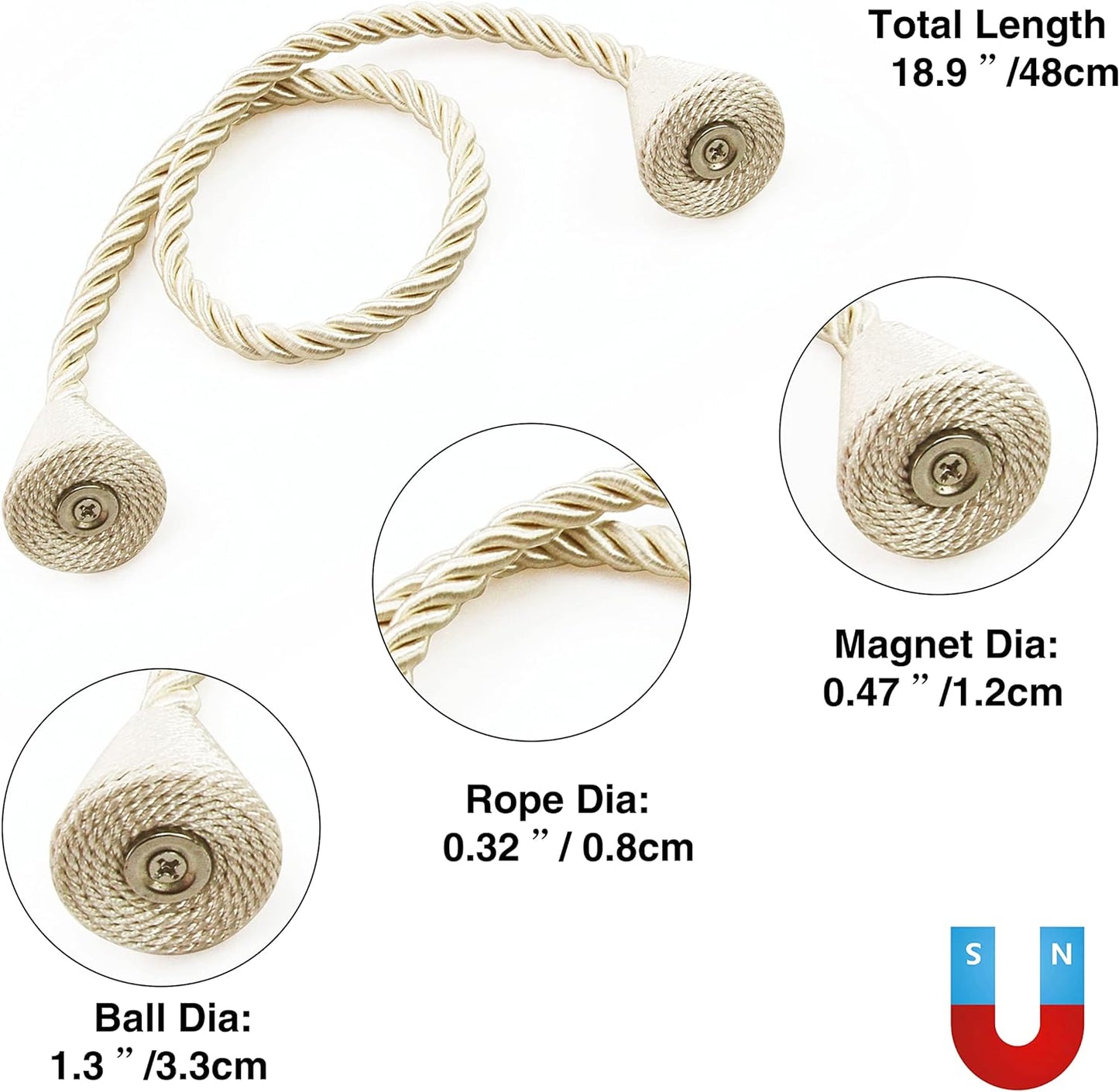 6 Pack Magnetic Curtain Tiebacks Rope Modern Handmade Curtain Tie Backs Decorative Drapes Weave Holdbacks for Window Décor, Beige