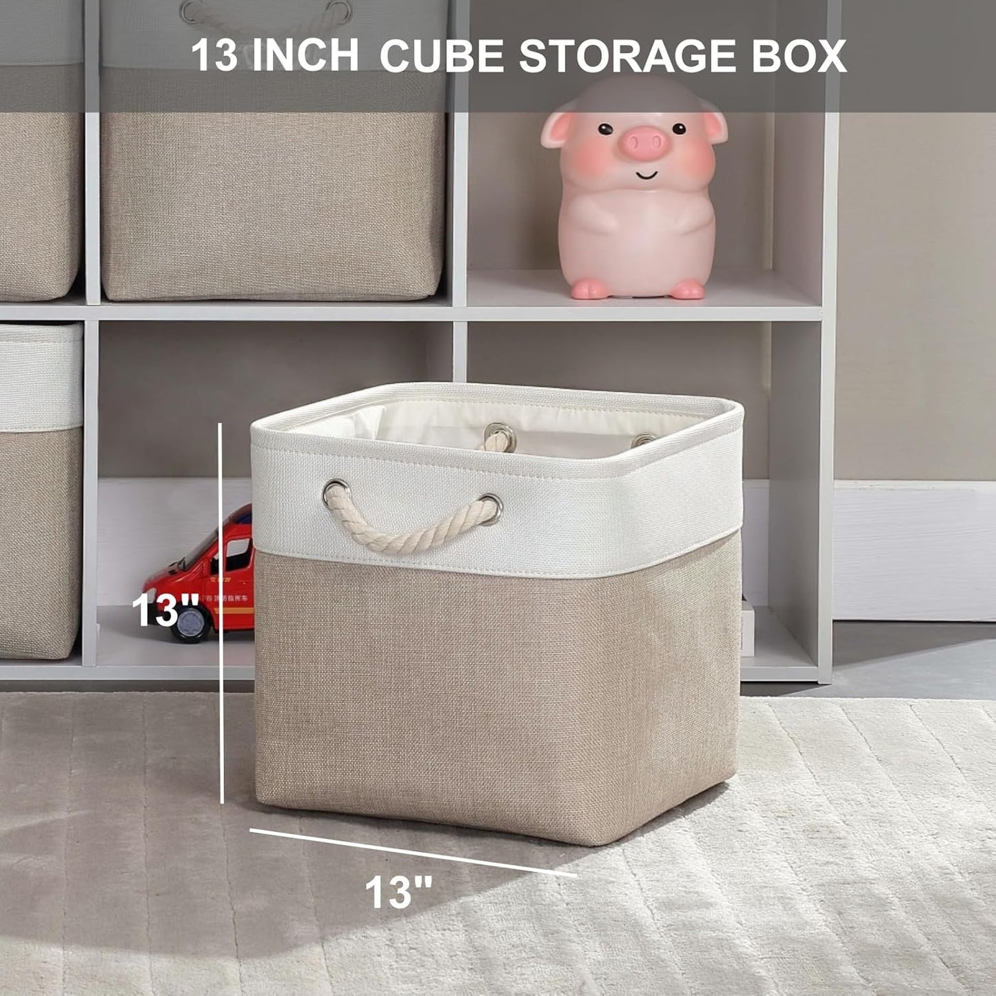Mangata Canvas Storage Boxes, 13 Inch Cube Storage Bins Set of 6, Fabric Baskets with Cotton Rope Handle for Organizing Clothes Nursery Home (Khaki/White)