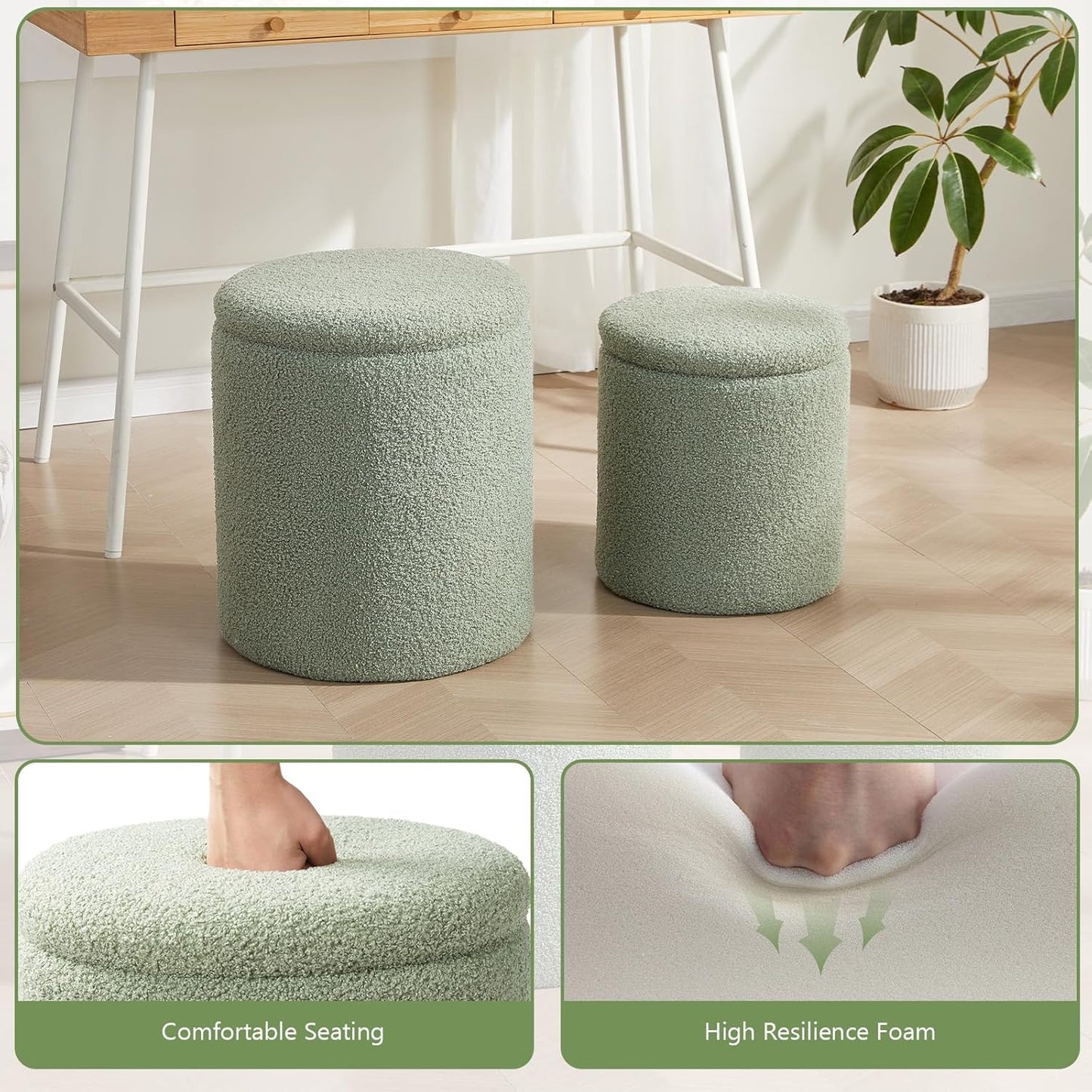 Boucle Round Ottoman with Storage Set of 2,Small Foot Stool Ottoman for Living Room,Small Coffee Table, Vanity Stool with Storage for Bedroom, Green