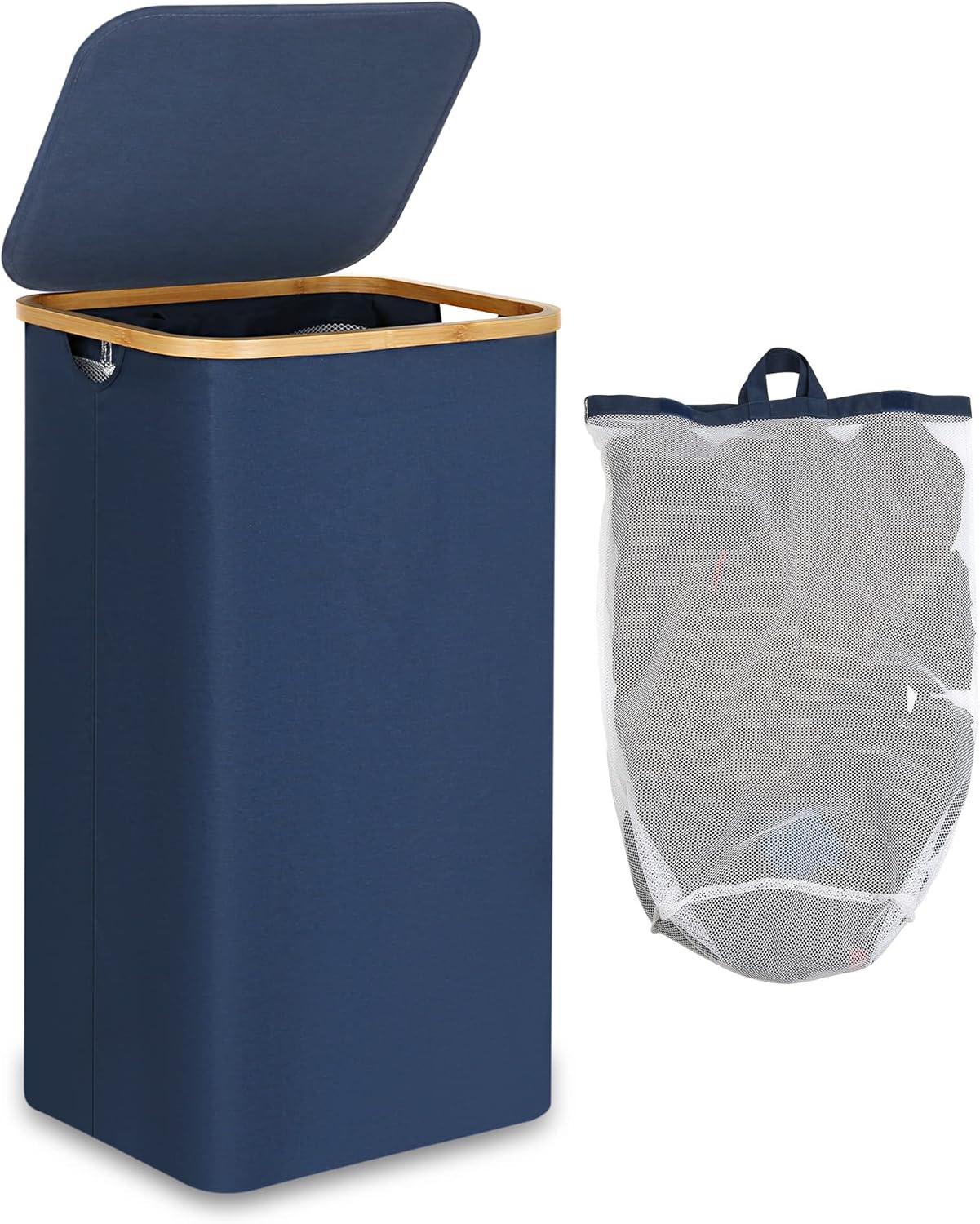 efluky Laundry Basket with Lid and Removable Bag, 100L Tall Laundry Hamper with Bamboo Handles, Aesthetic Dirty Clothes Bin for Laundry Room, Bathroom, Bedroom and Dorm, Blue