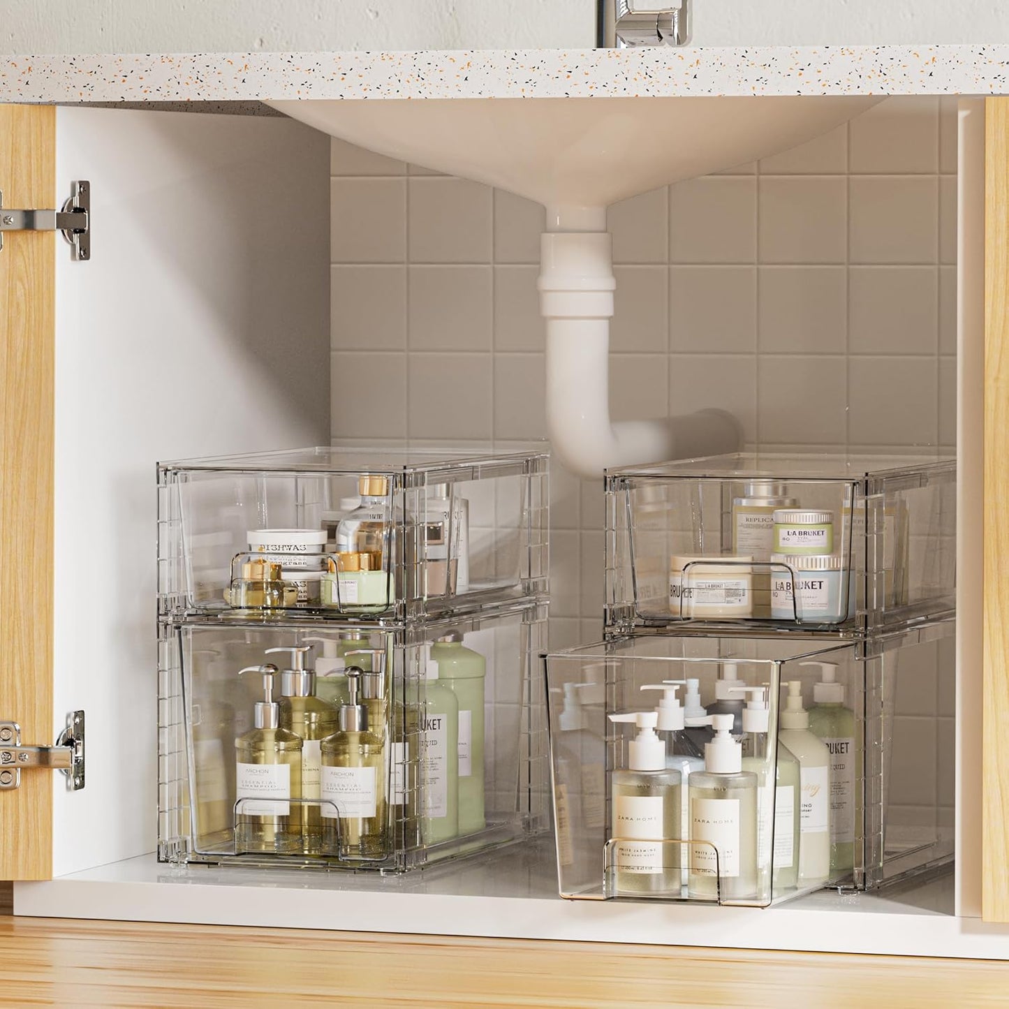 Vtopmart 6 Pack Clear Stackable Storage Drawers,Easy to Assemble Bathroom Organizers and Storage with handles,Plastic Drawers for Kitchen Pantry,Cabinet,Under Sink Organization