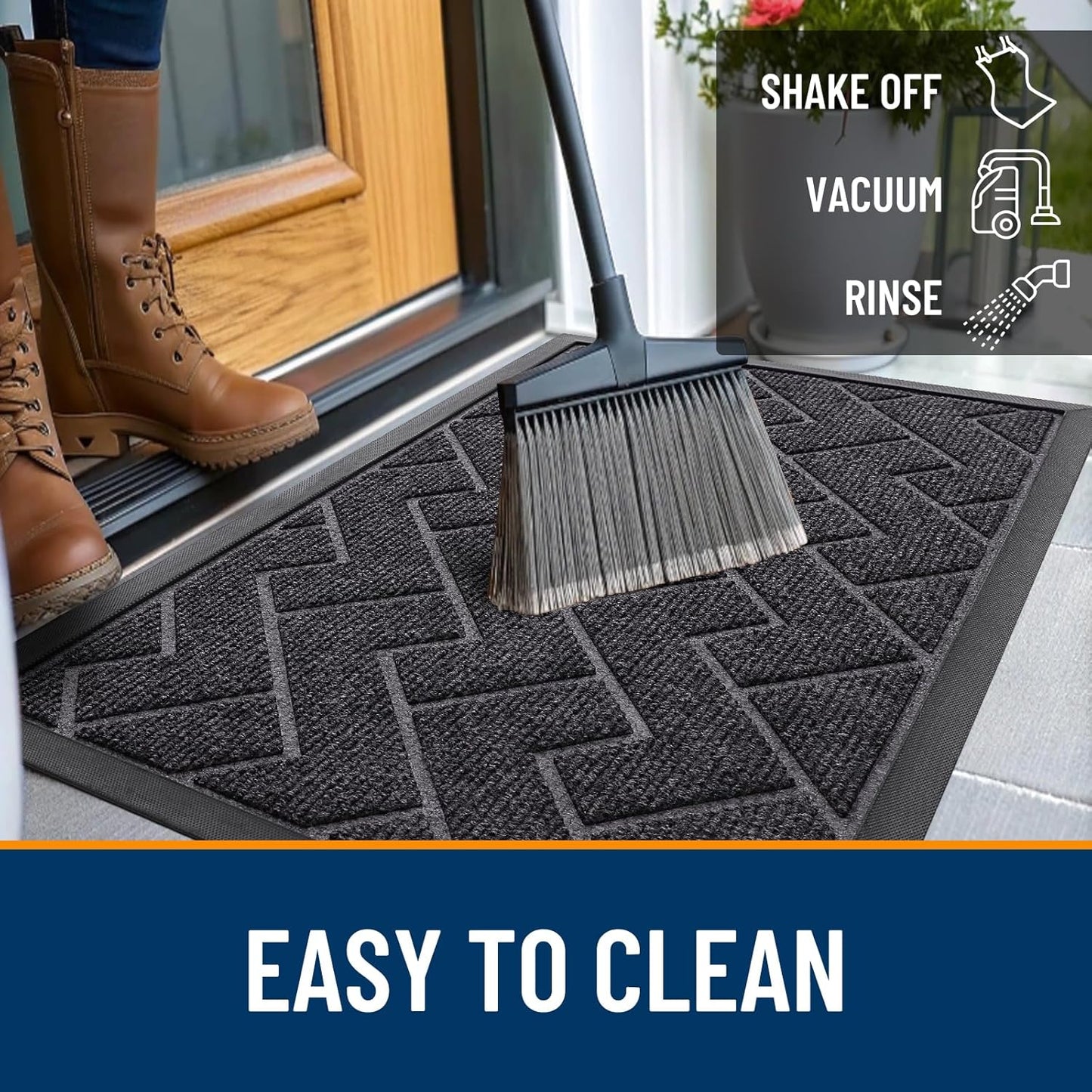 OLANLY Front Door Mat Indoor Outdoor Entrance, Waterproof All-Season, All-Weather Doormat, Sturdy Natural Rubber, Low Profile, Easy Clean Patio Porch Entryway Mat, Herringbone Brick (Grey, 59x23)